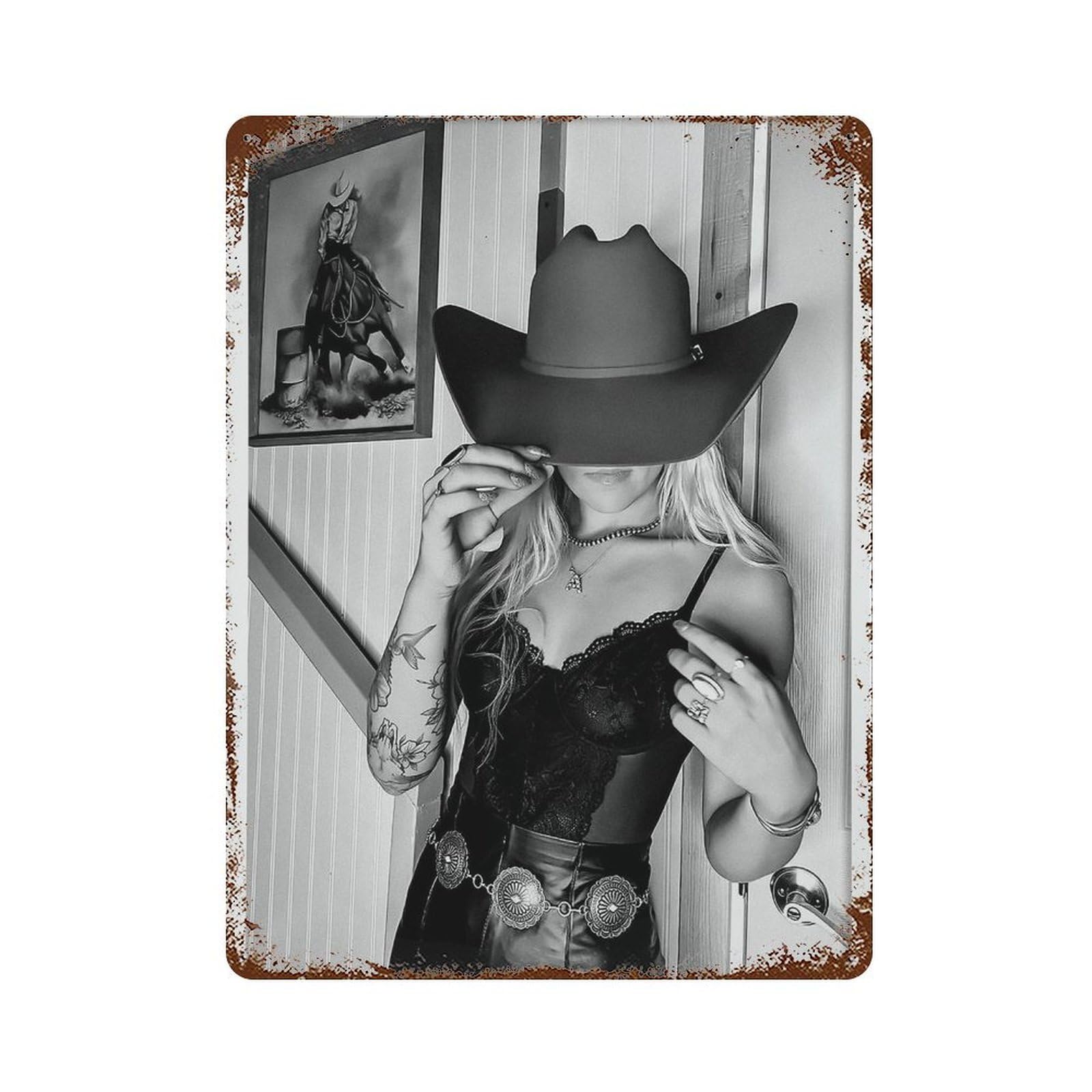 xiaoxiaoshen Wild West Cowgirl Black And White Western Fashion Wall Decor Art Metal Tin Poster Modern Home Decor Art Home Bar Shop Decorations Vintage Sign 40x30cm