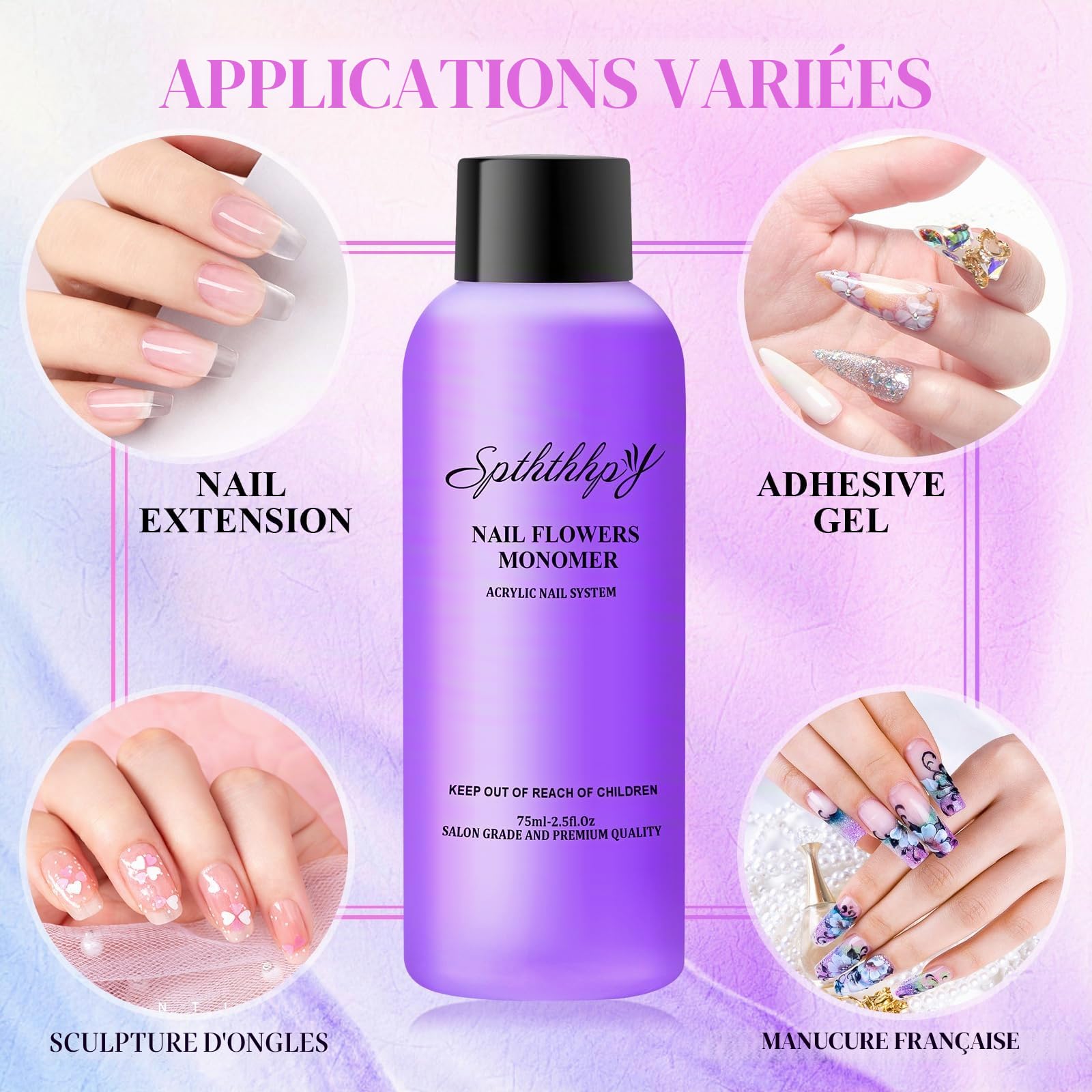 4PCS Poudre Acrylique pour Ongles SPTHTHHPY et 75ML Liquide Acrylique, Kit Vernis à Ongles Complet, Convient Aux Débutants et Aux