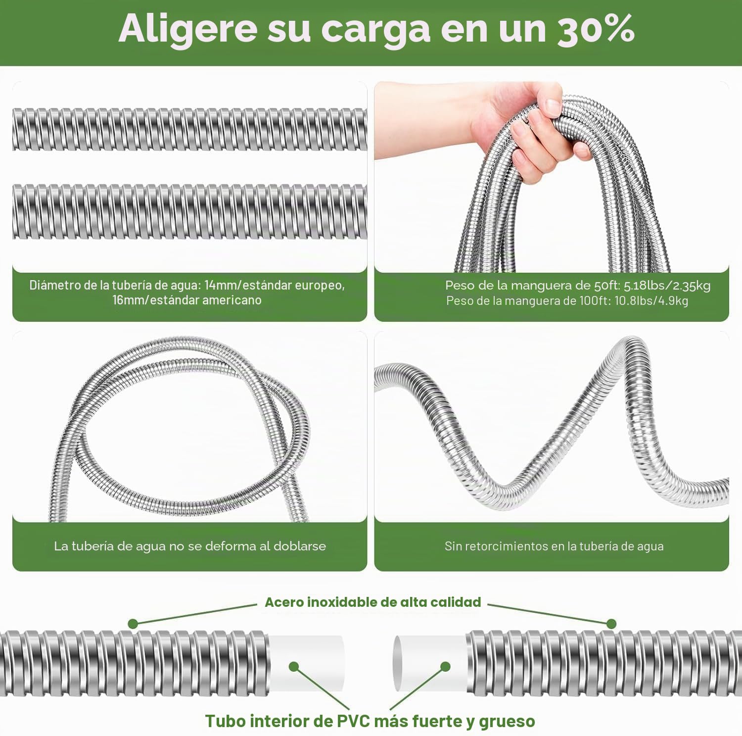 YXT&BEYOND Manguera de Jardín Extensible 30 m, Manguera Resistente con Acero Inoxidable, Pistola de Pulverización Incluida, Tubo de Agua Mágico Retráctil Flexible para Jardinería y Riego