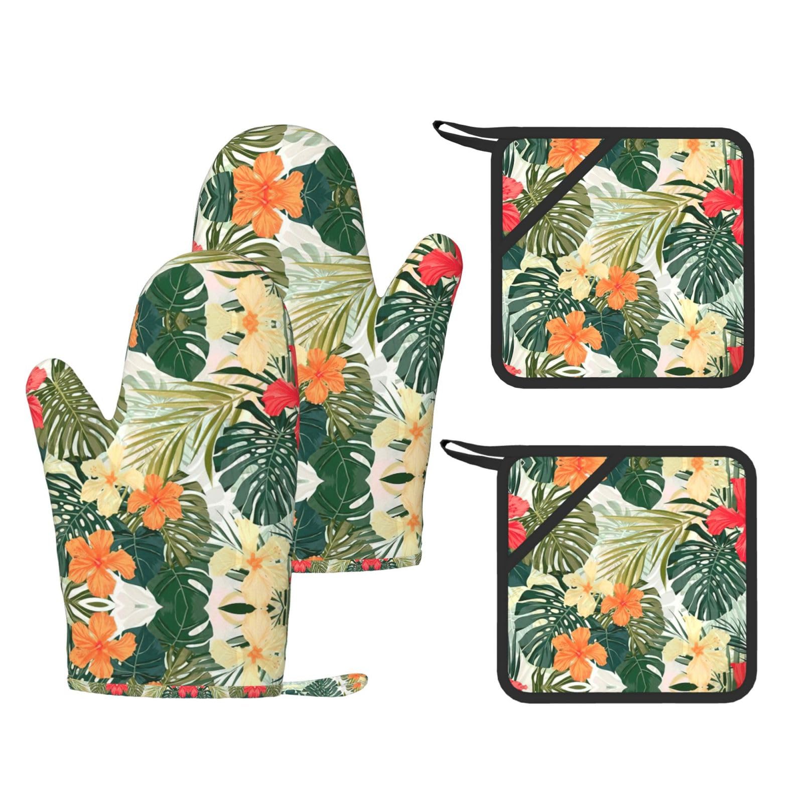 Vegetation Leaves with Hibiscus Flowers Printed Oven Gloves and Hot Pads Set of 4, High Heat Resistant Silicone Mitts for Cooking BBQ