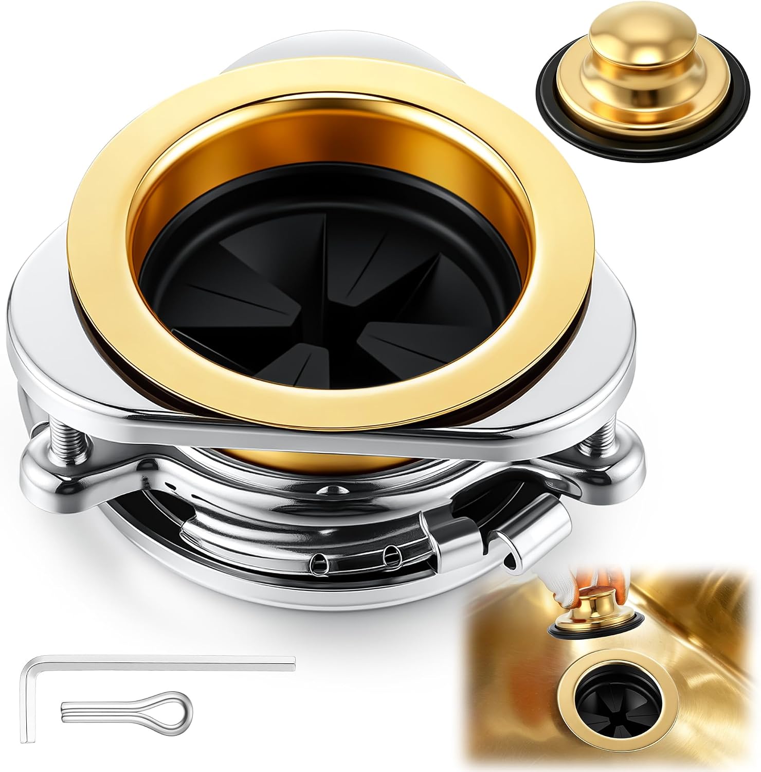 Garbage Disposal Flange Kit, Fit 3 1/2" Sink Drain Hole, Gold | Stainless Steel Flange Kit with Stopper and Splash Guard, 3 Bolt Mount, Compatible with InSinkErator Garbage Disposal
