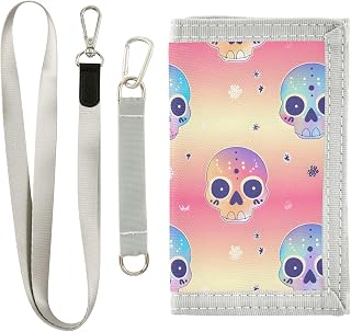Carteras para niños y niñas, cartera triple para niños, diseño de calavera pequeña, color rosa con cremallera, bolsillo para monedas, monedero de regalo, Calavera rosa, 12.5×23cm, Moderno