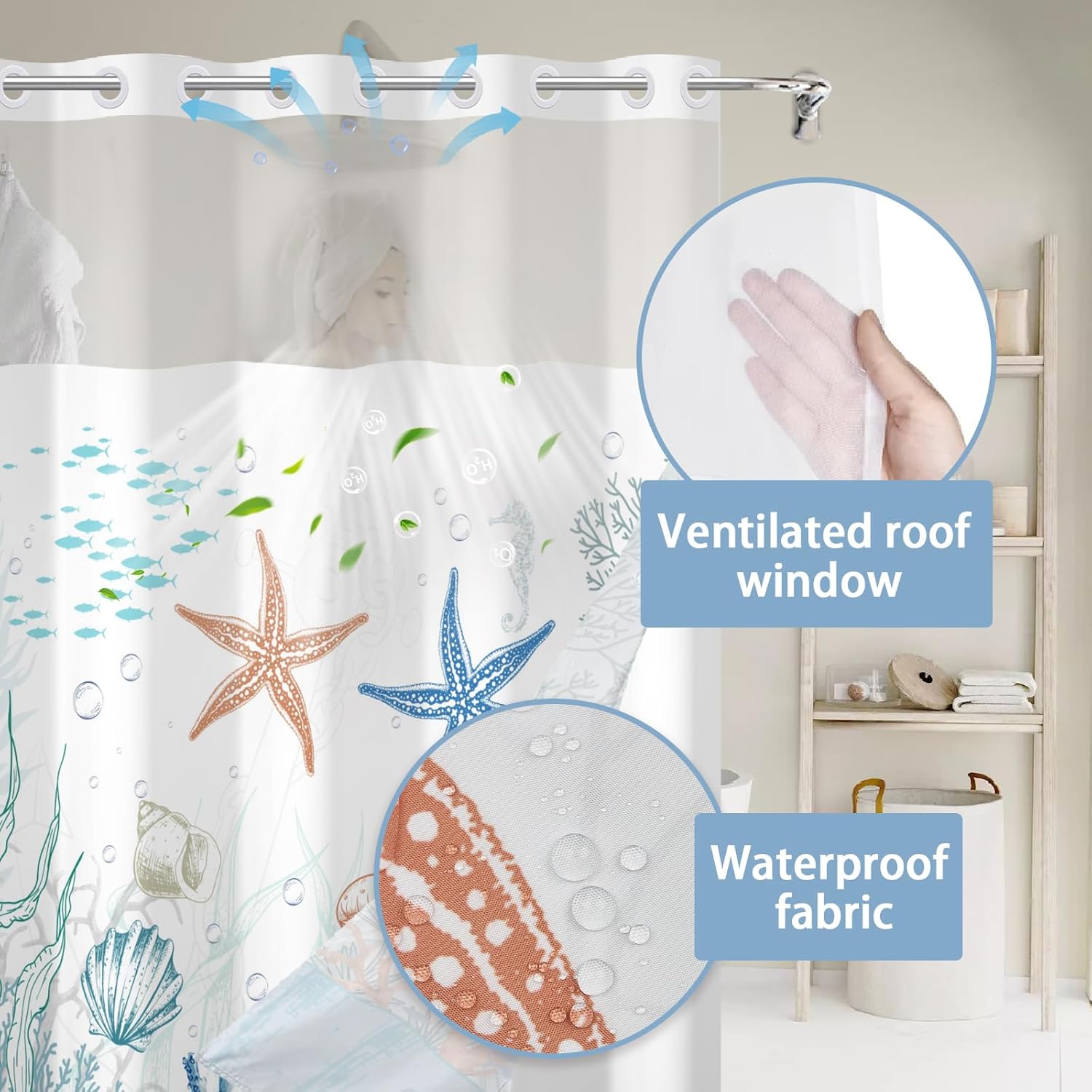 Hookless Ocean Shower Curtain with Snap in Liner Set - 71 x 71Inches Waterproof No Hook Starfish Bath Curtain with Mesh Top Window for Nautical and Kids Bathroom