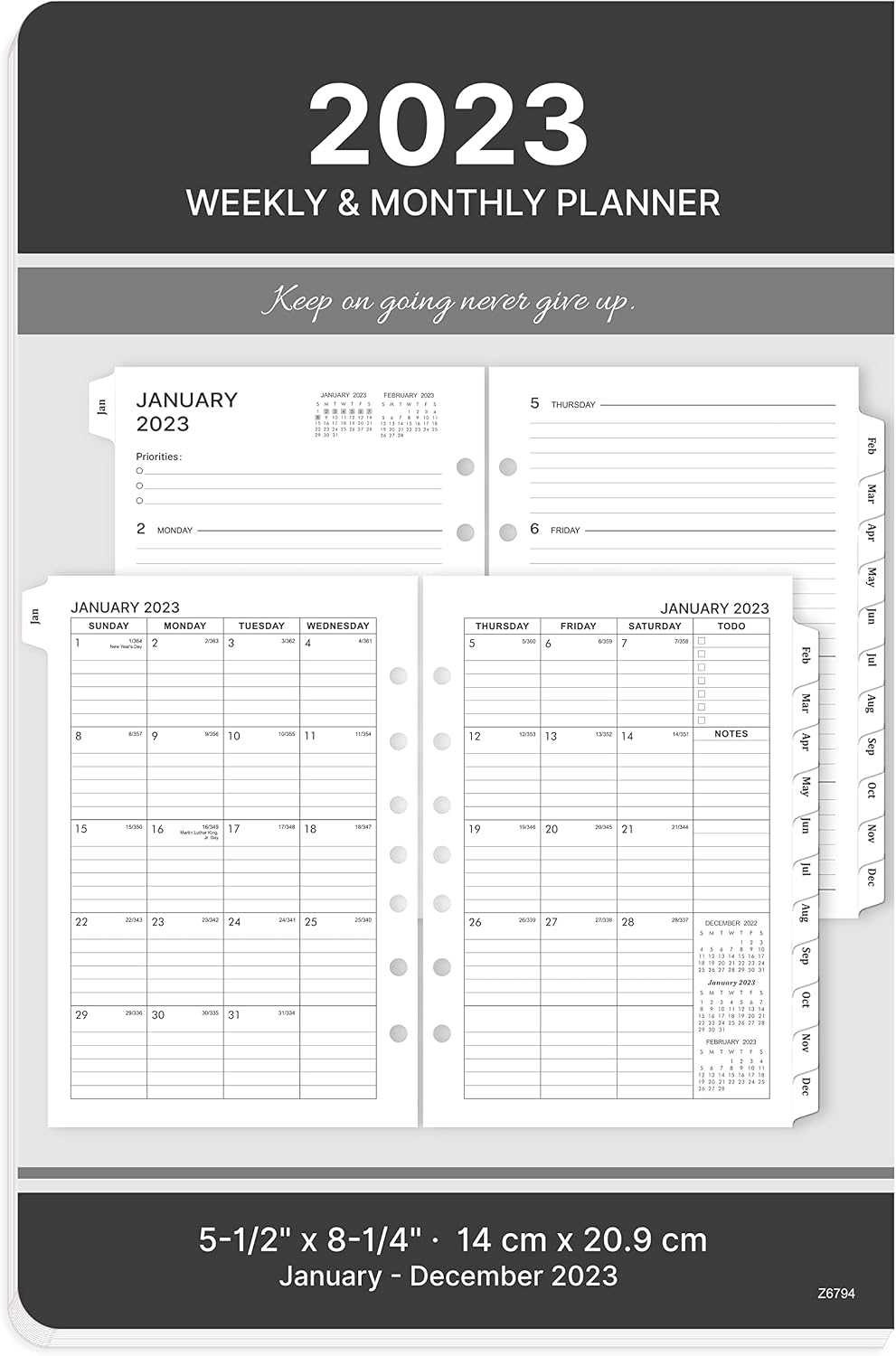 2023-2024 Planner Refills - Planner Refills 2023-2024, 2023-2024 Weekly & Monthly Planner Refills, 2023-2024 Planner Inserts, A5 Planner Refills, A5 Planner Inserts, 5-1/2" x 8-1/4", Jul.2023 - Jun.2024, 7-Hole Punched - Gray