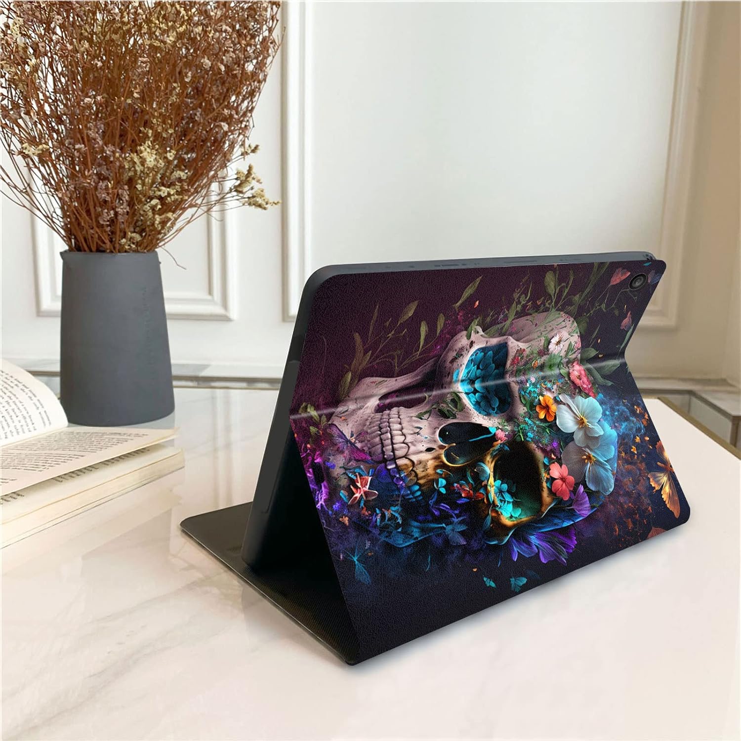 Case for All-New Amazon Kindle Fire HD 8 & 8 Plus Tablet (12th Gen/10th Generation,2022/2020 Release) 8 inch,PU Leather Folio Stand Case with Auto Sleep/Wake,Flower Butterfly Skull