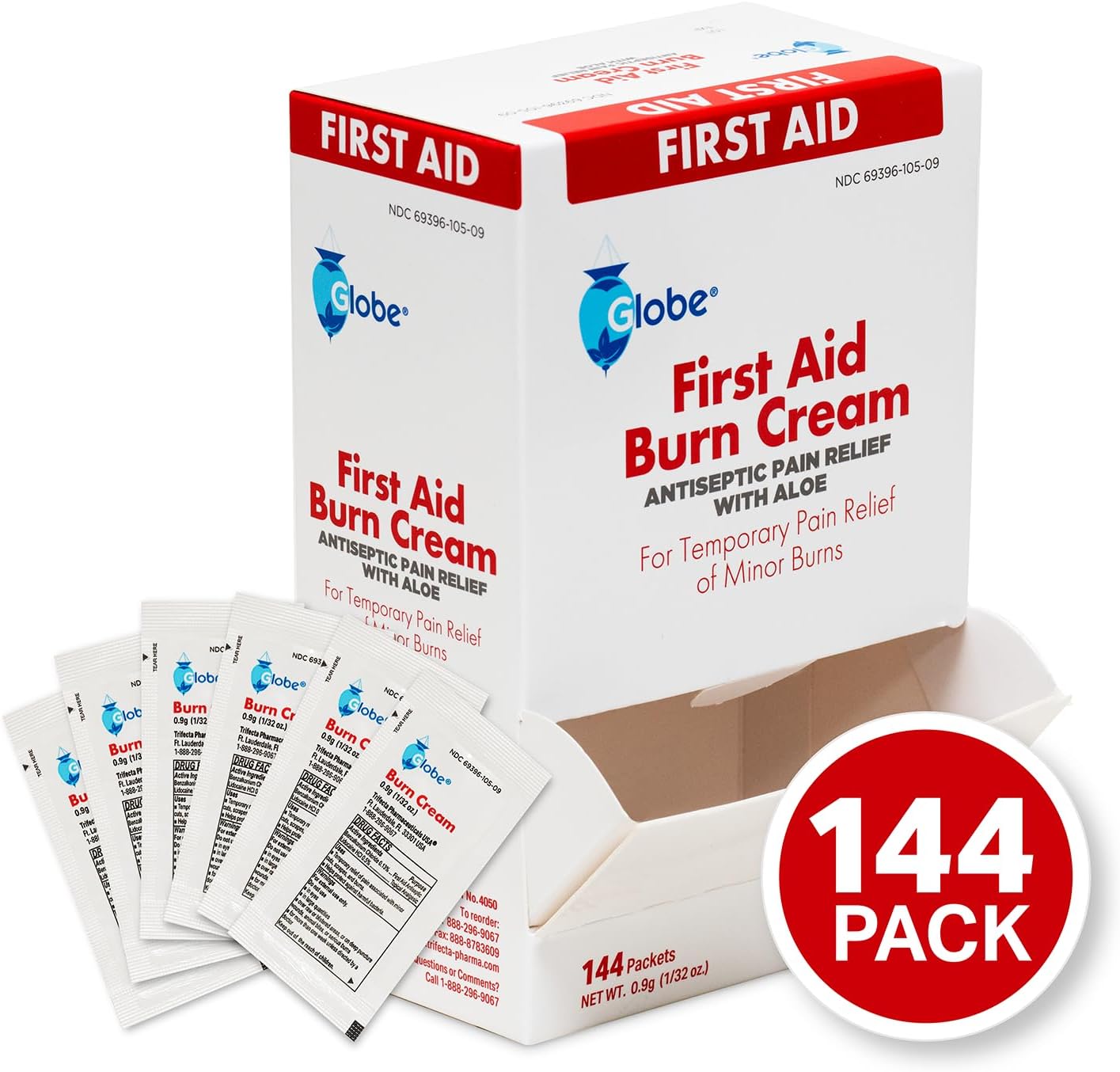 Globe First Aid Burn Cream, Aloe Formula, 0.9 g, Box of 144