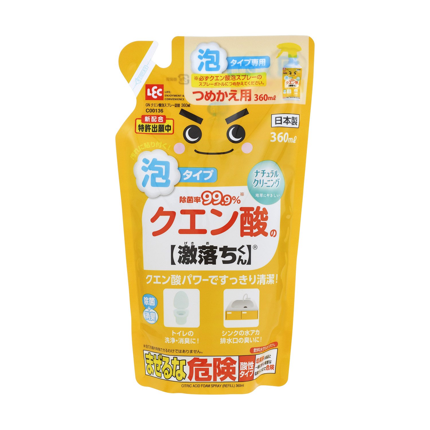 LEC（レック）Bactericidal rate 99.9% Citric acid drastic drop-kun Foam spray Refill 360ml