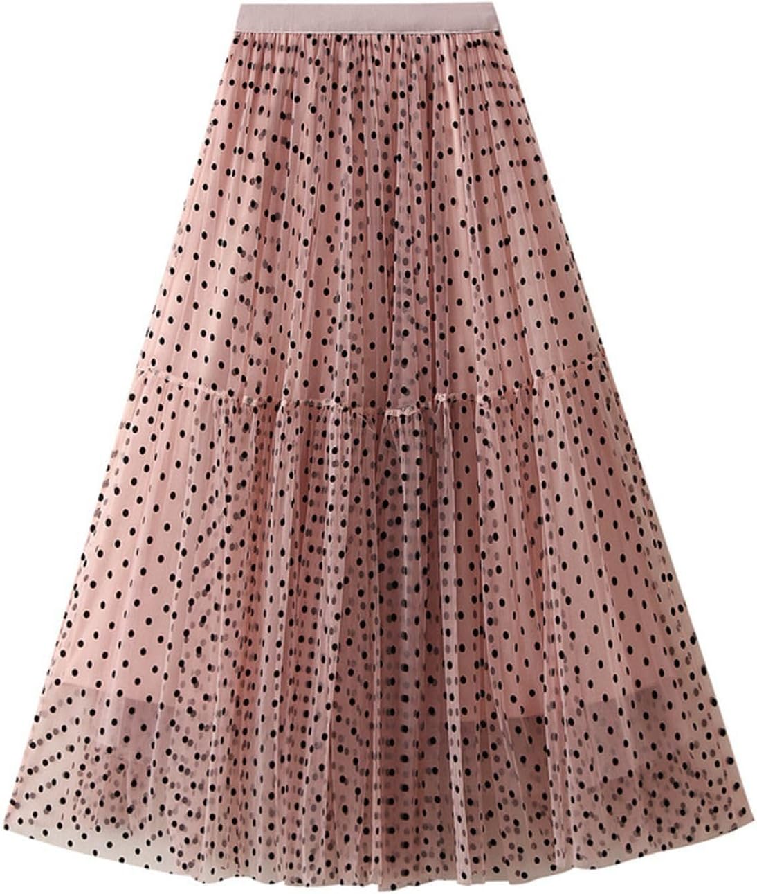 Womens Polka Dot Tulle Skirts High Waist Layered Mesh Skirt Printed Midi Fairy Skirts Party Prom Pleated Tulle Skirt