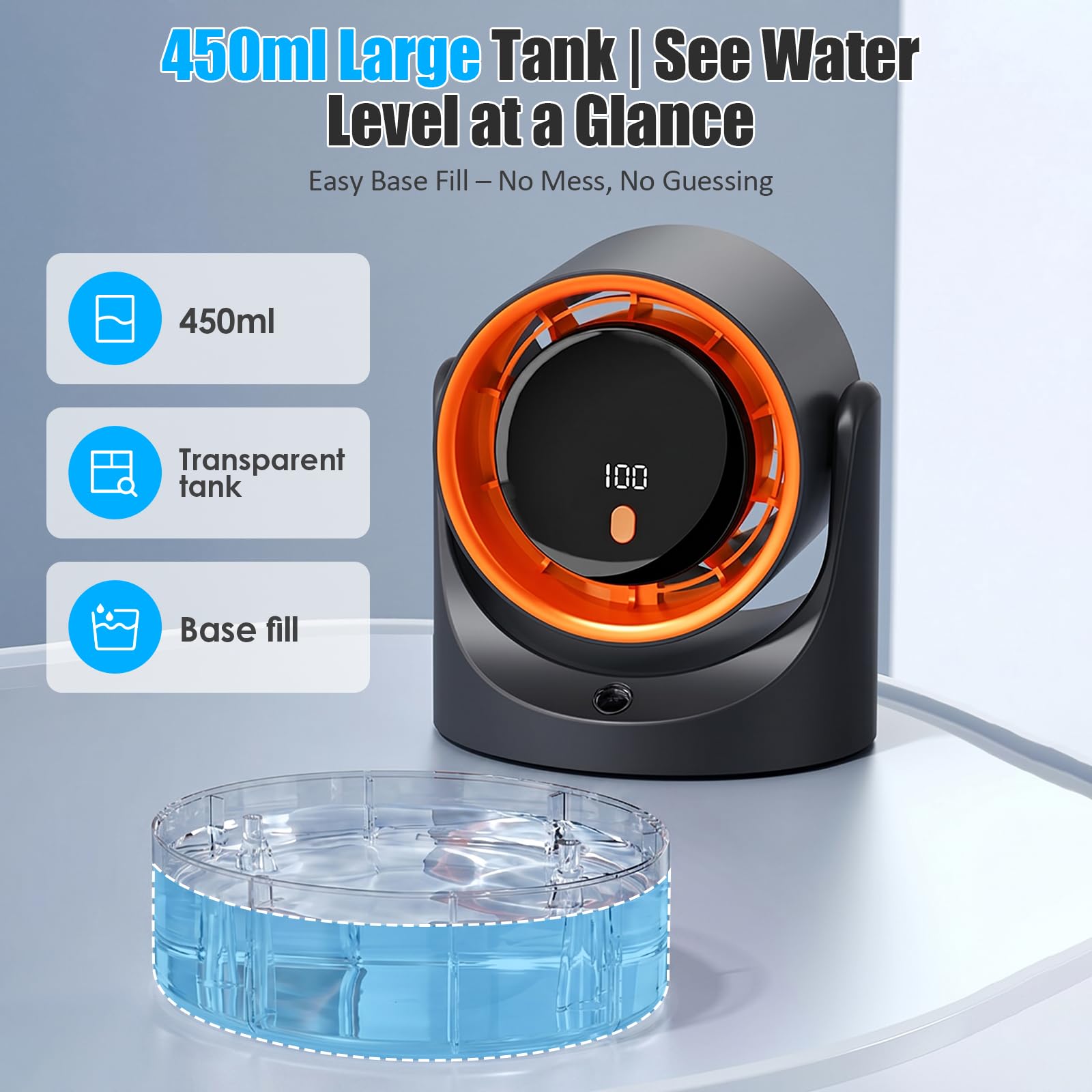 Ventilatore da Tavolo e Umidificatore 2 in 1, Ventilatore da Tavolo Silenzioso con Serbatoio Dell'acqua da 450 ml, Ventilatore Umidificatore da Tavolo Ricaricabile,Regolabile a 90°, 3/6/9H Timer