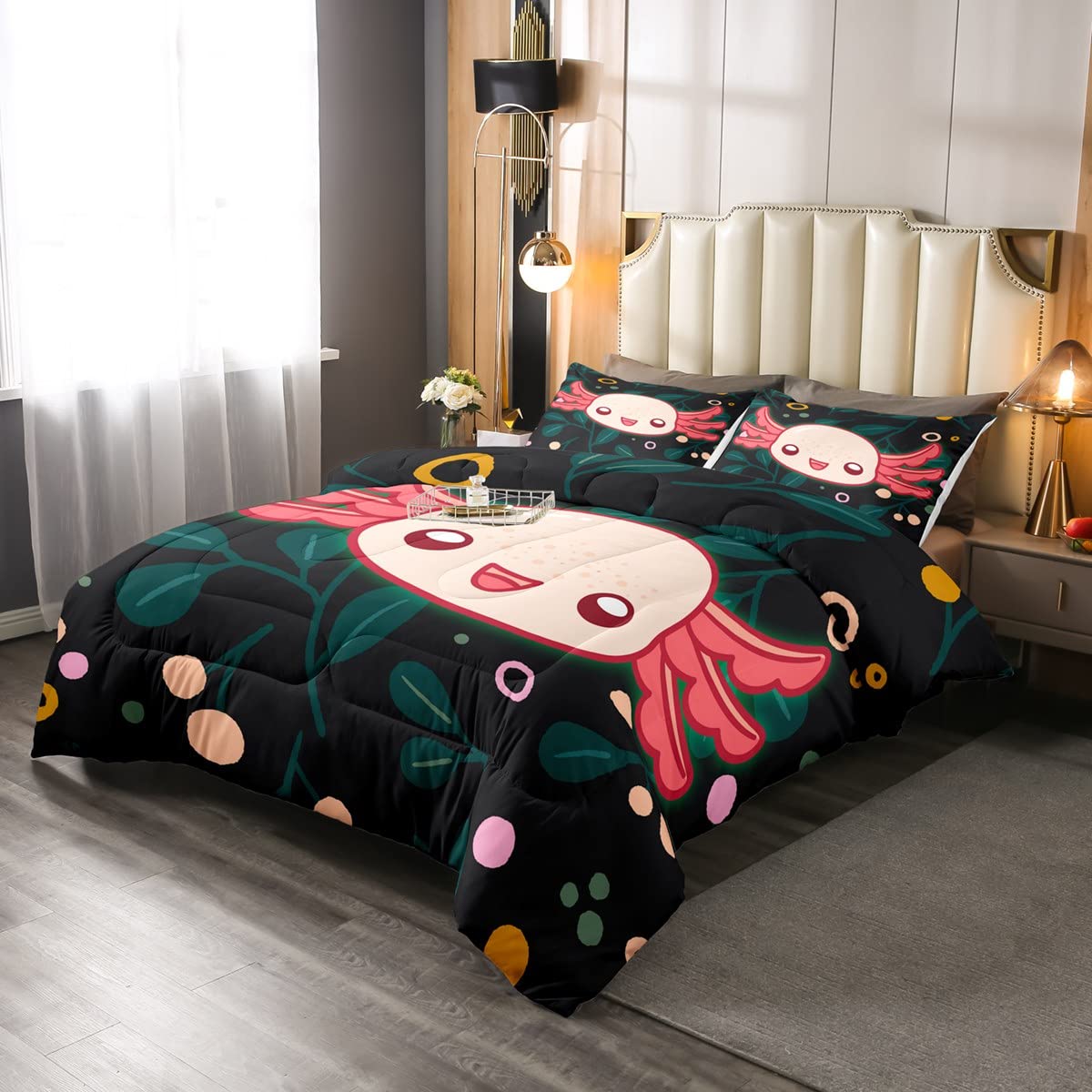 Kawaii Axolotl zestaw pościeli kreskówka axolotl zestaw kołdry dla dzieci chłopców dziewcząt 3D zwierzęta puchowa kołdra oddychająca salamandra zielony liść poszewka na kołdrę / zestaw pościeli King