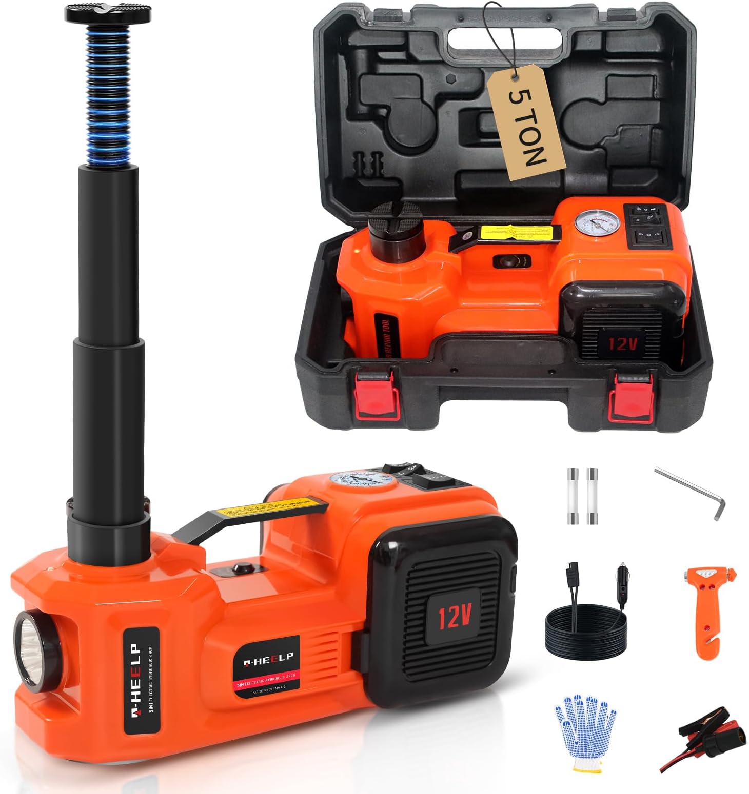 E-HEELP Electric Car Jack, 5 Ton/11023 LBS Hydraulic Jack Lift with Built-in Inflatable Pump and LED Light