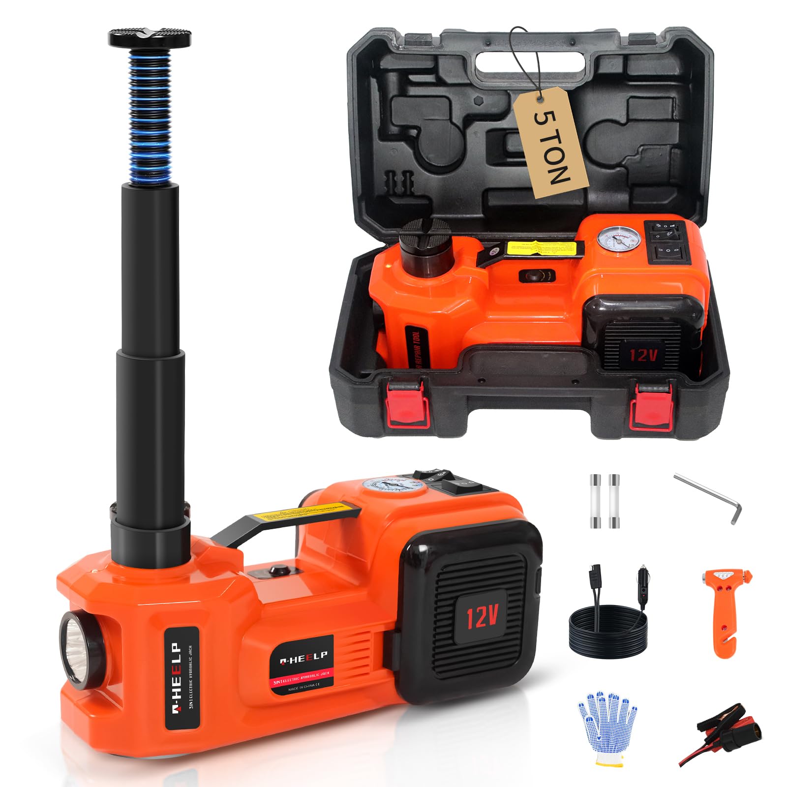 E-HEELP Electric Car Jack, 5 Ton/11023 LBS Hydraulic Jack Lift with Built-in Inflatable Pump and LED Light