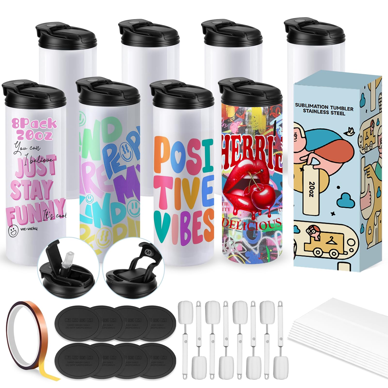 Sublimation Tumbler 20 oz 8 Pack with Lids and Straws, Caffoltgo Insulated Cup Blanks Bulk, Double Wall Stainless Steel Blank Tumblers for Craft Business，Double Drinking spout (8pcs)