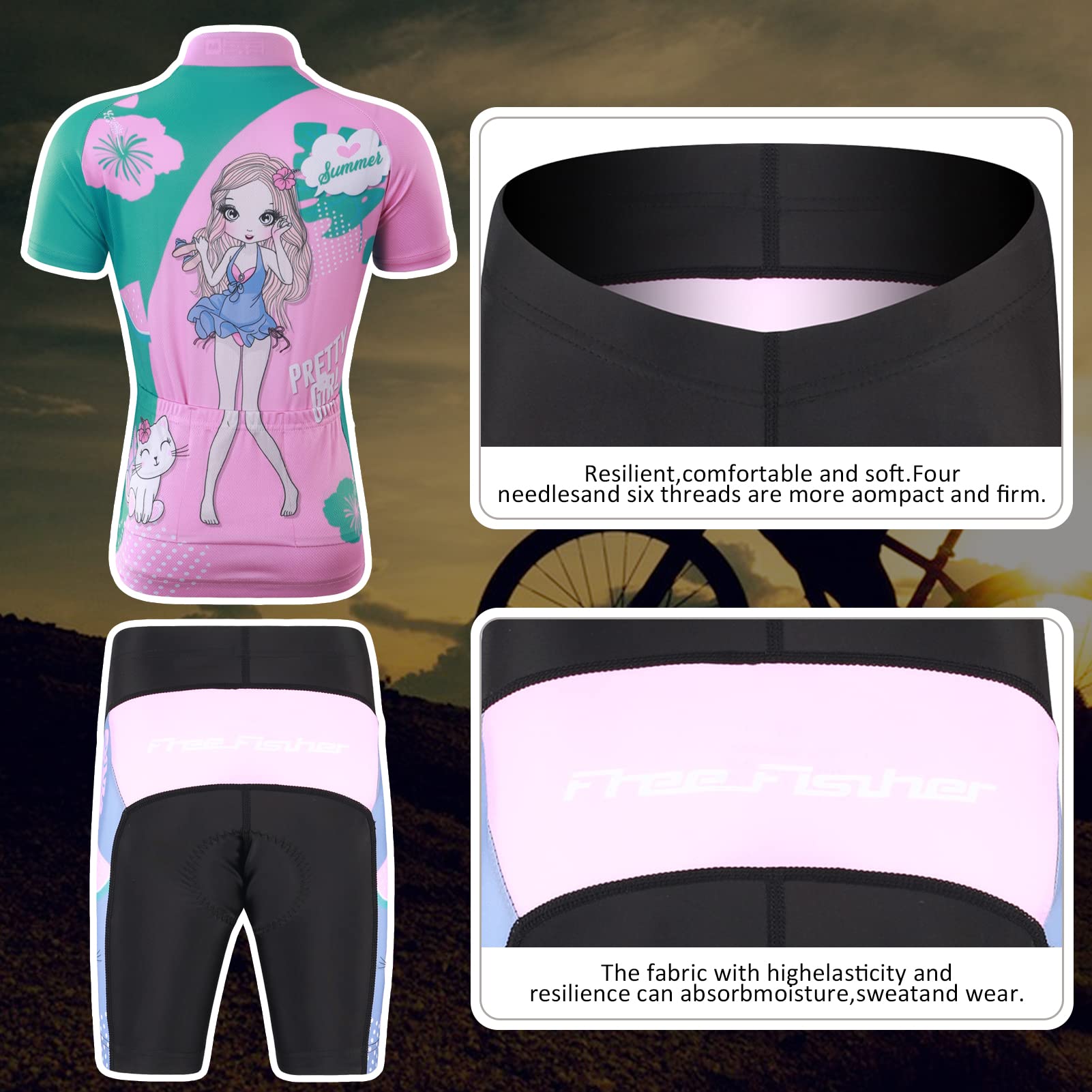 Maillot de ciclismo para niños y niñas, con acolchado para el asiento, manga corta, trajes de ciclismo
