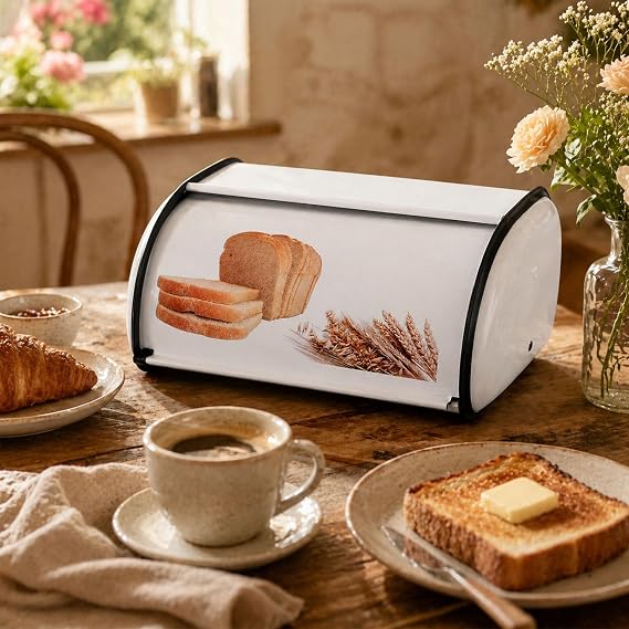 Compact Retro White Bread Bin, Vintage Style Reinforced Metal Bread Box with Smooth Roll Top Lid, Space-Saving Kitchen Counter Organizer for Standard Loaf, 34.5x23x14.5cm