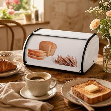 Compact Retro White Bread Bin, Vintage Style Reinforced Metal Bread Box with Smooth Roll Top Lid, Space-Saving Kitchen Counter Organizer for Standard Loaf, 34.5x23x14.5cm