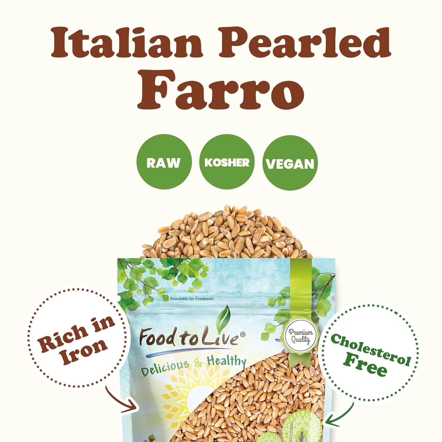 Food to Live Pearled Farro Grain, 16 Pounds - Italian Whole Grain, Good Source of Dietary Fiber, Protein and Iron, Mediterranean diet, Salads, Soups, Kosher, Vegan, Bulk