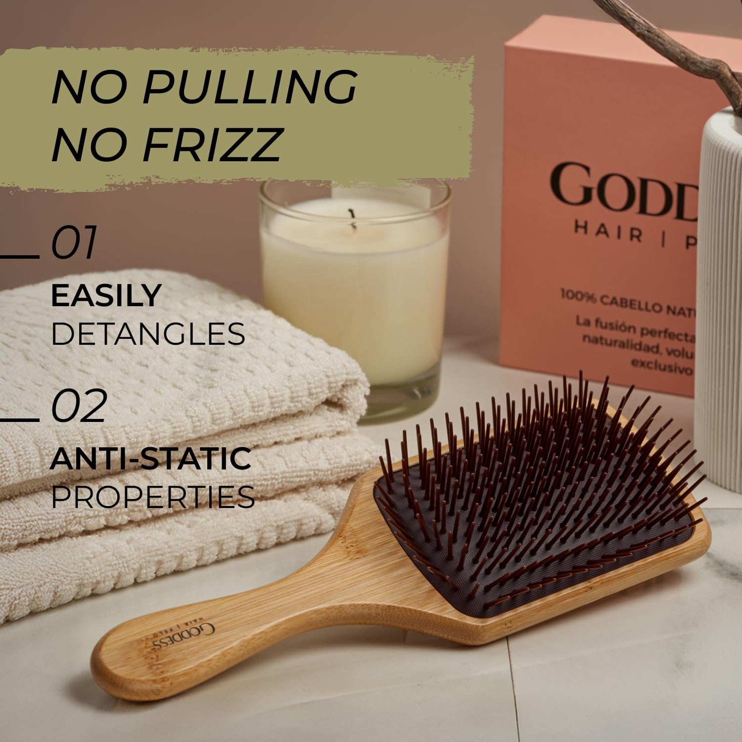 Premium Bamboo Hair Brush – Natural Wooden Paddle, Gentle Scalp Massage, Anti-Frizz Detangling for Long & Thick Hair | Eco-Friendly, Lightweight & Durable – Goddess Hair BCN image 4