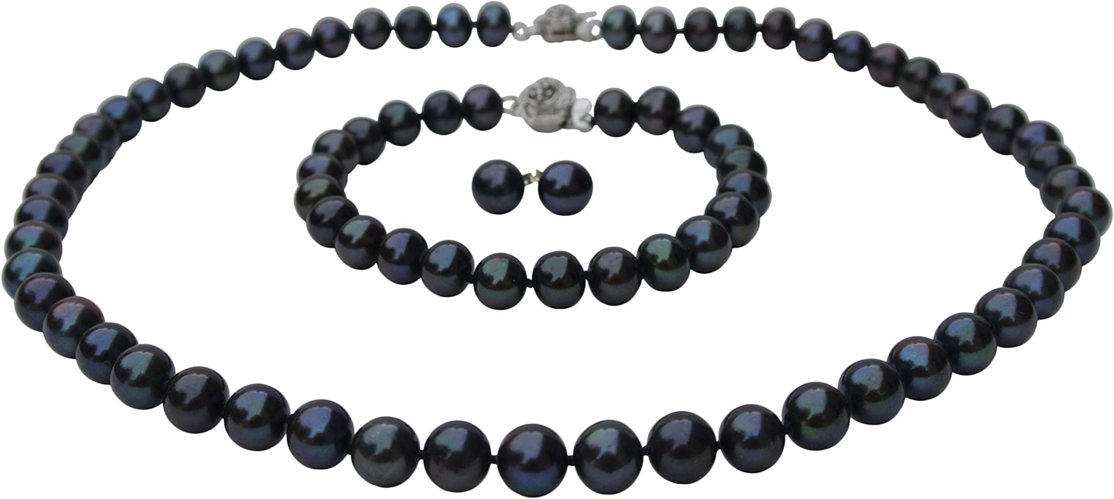 Long 24" 7.5" Set Genuine 8-9mm Round Black Strand Pearl Necklace Bracelet Stud Earrings 3pc Set Cultured Freshwater Pearl Romance