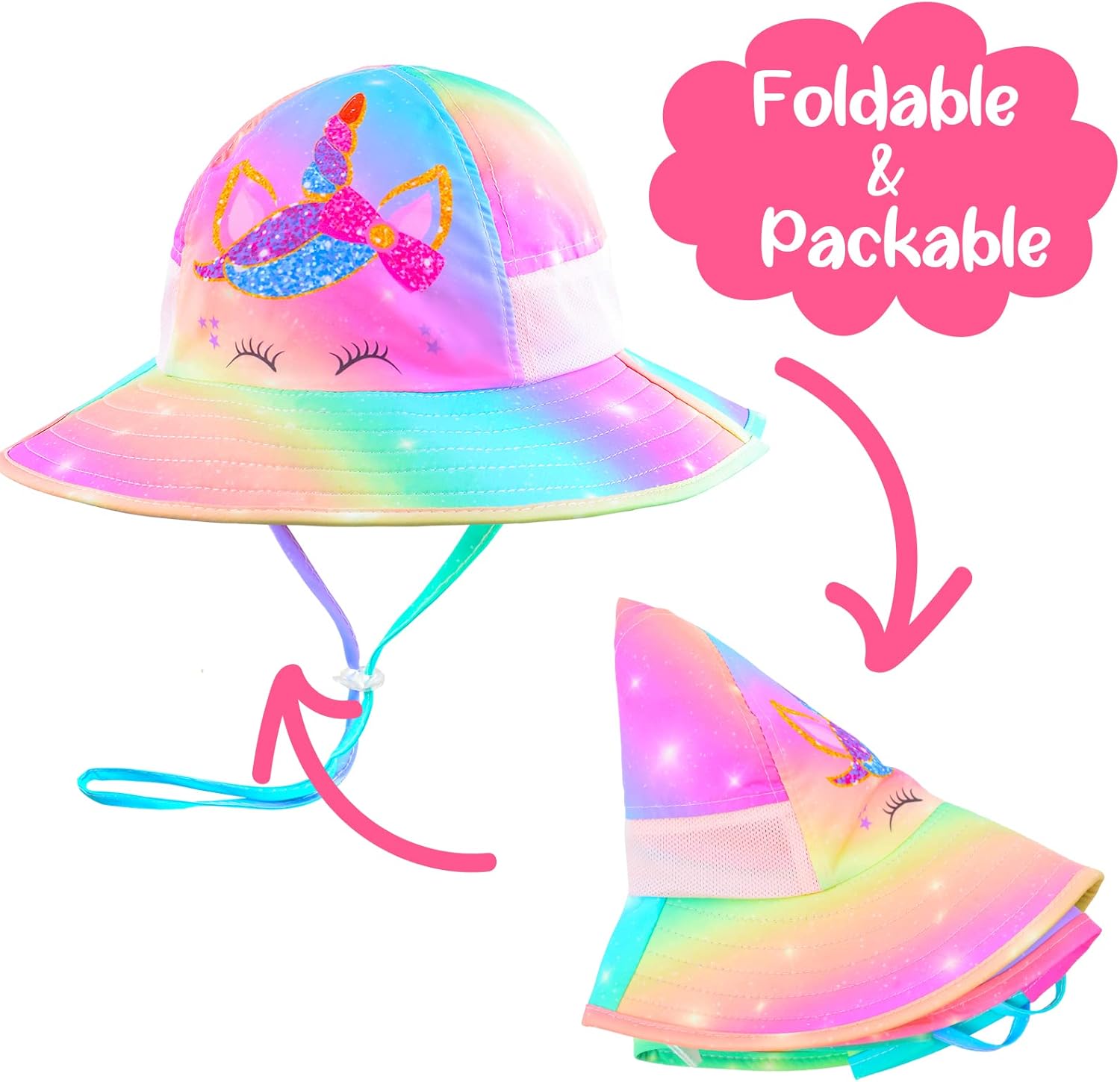 Sun Hat for Kids Anti-UV Girls Sun Hats Wide Brim UPF 50+ Sun Protection Beach Hat with Adjustable Chin Strap for 3-8 Years (Rainbow Unicorn): Clothing, Shoes & Jewelry