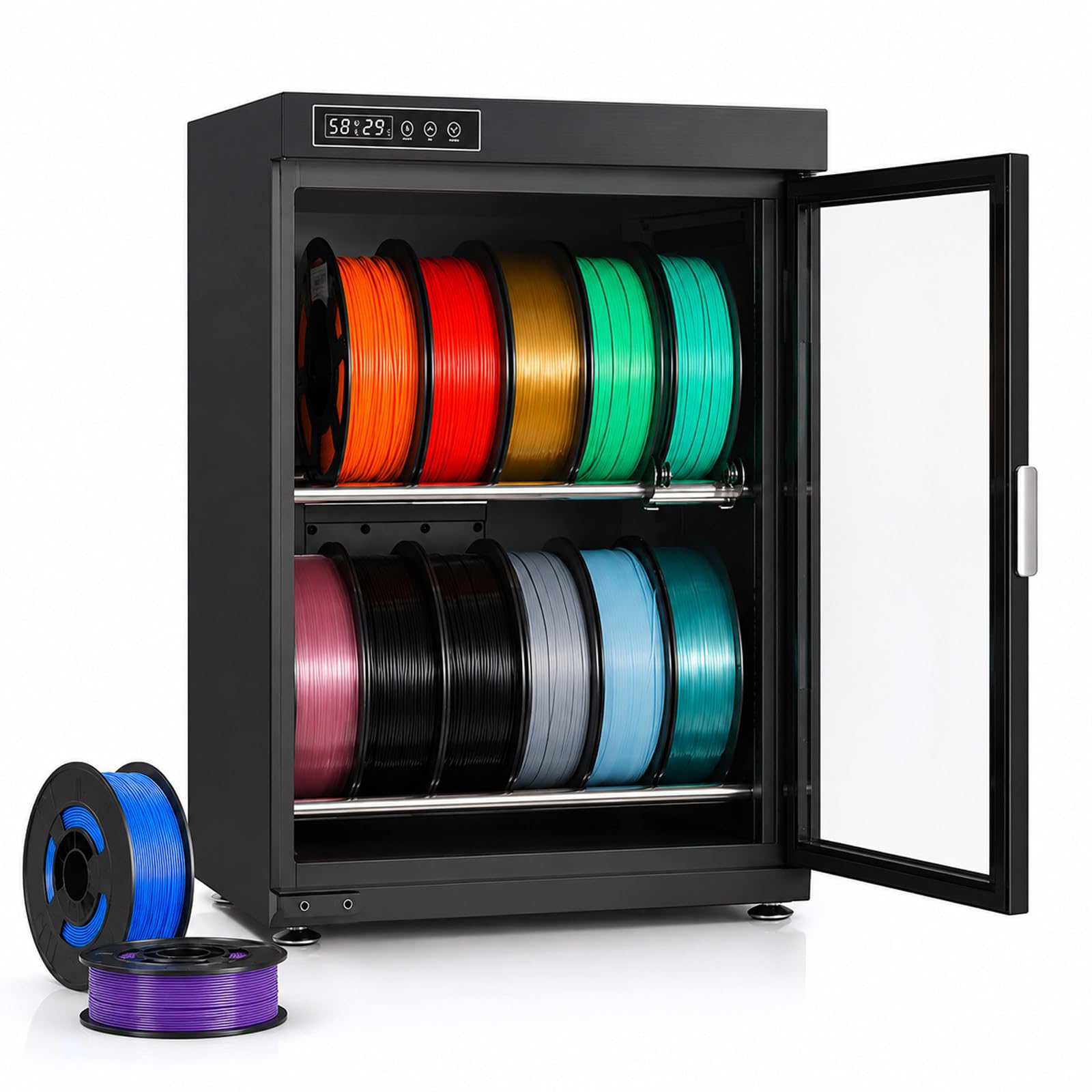 JIYINGHUI 3D Printer Filament Dryer Box,10-18-Spool Airtight Dry Cabinet,Industrial Sealed,w/Auto Humidity Control (RH15%-RH60%), Transparent Glass Door & Aluminum Alloy, for PLA PETG ABS TPU 70L