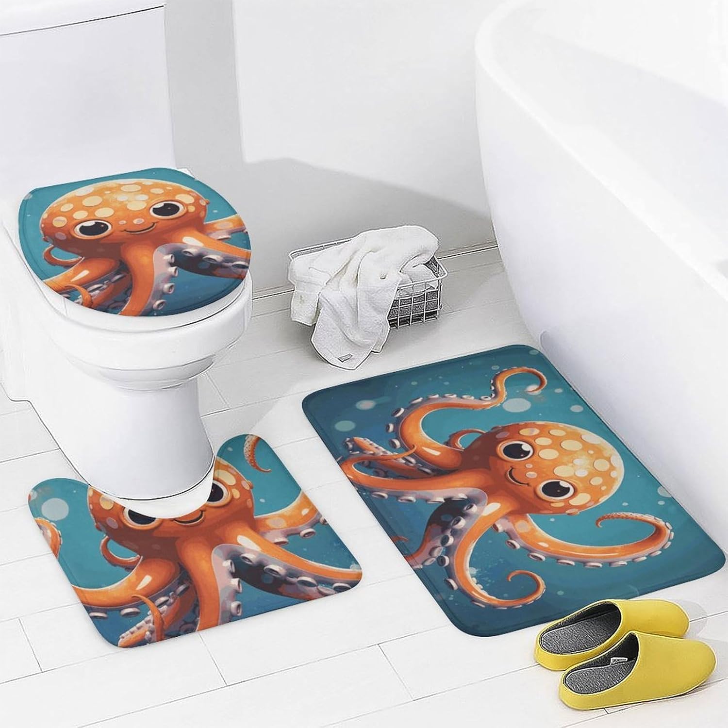 Cartoon Octopus Shower Curtain Set 4 Piece, Non-Slip Bath Mat with Toilet Lid Cover and Waterproof Shower Curtain with 12 Hooks, Complete Bathroom Set for Home Decor