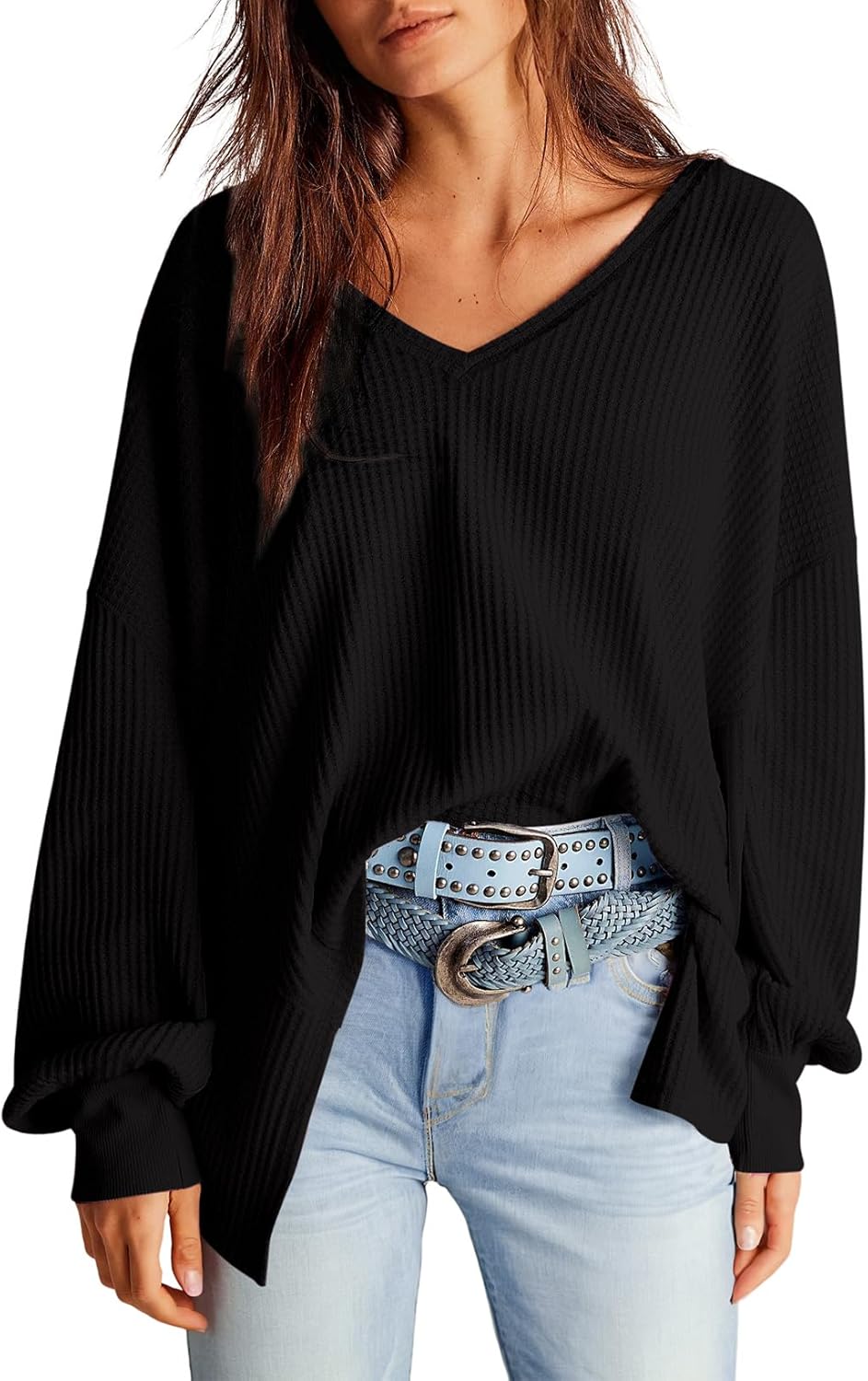 Dokotoo Womens Waffle Knit Tops Fashion 2026 Long Lantern Sleeve Casual Blouses V Neck Oversized T Shirts