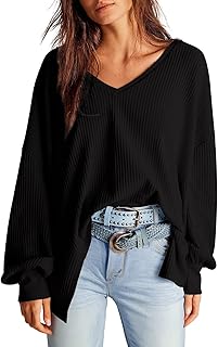 Womens Waffle Knit Tops Fashion 2026 Long Lantern Sleeve Casual Blouses V Neck Oversized T Shirts