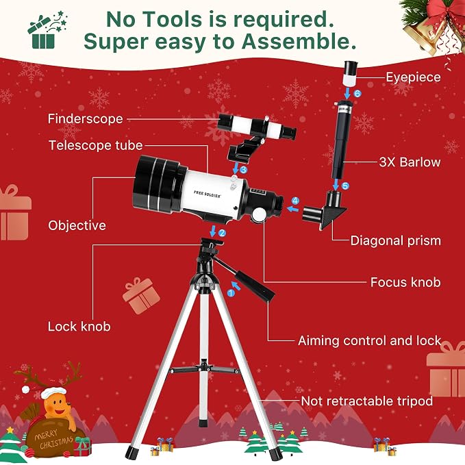 Telescopio refractor astronómico FREE SOLDIER 70 mm para niños y adultos miniatura 2