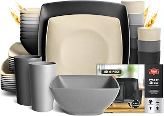 Teivio 40-piece Kitchen Wheat Straw Square Dinnerware Set,Service for 10, Unbreakable Dinner Plates, Salad Plates, Snack Bowls, Cups 13.5 oz, Dishwasher Safe, Plastic Outdoor RV Dishes,Gray Ombre