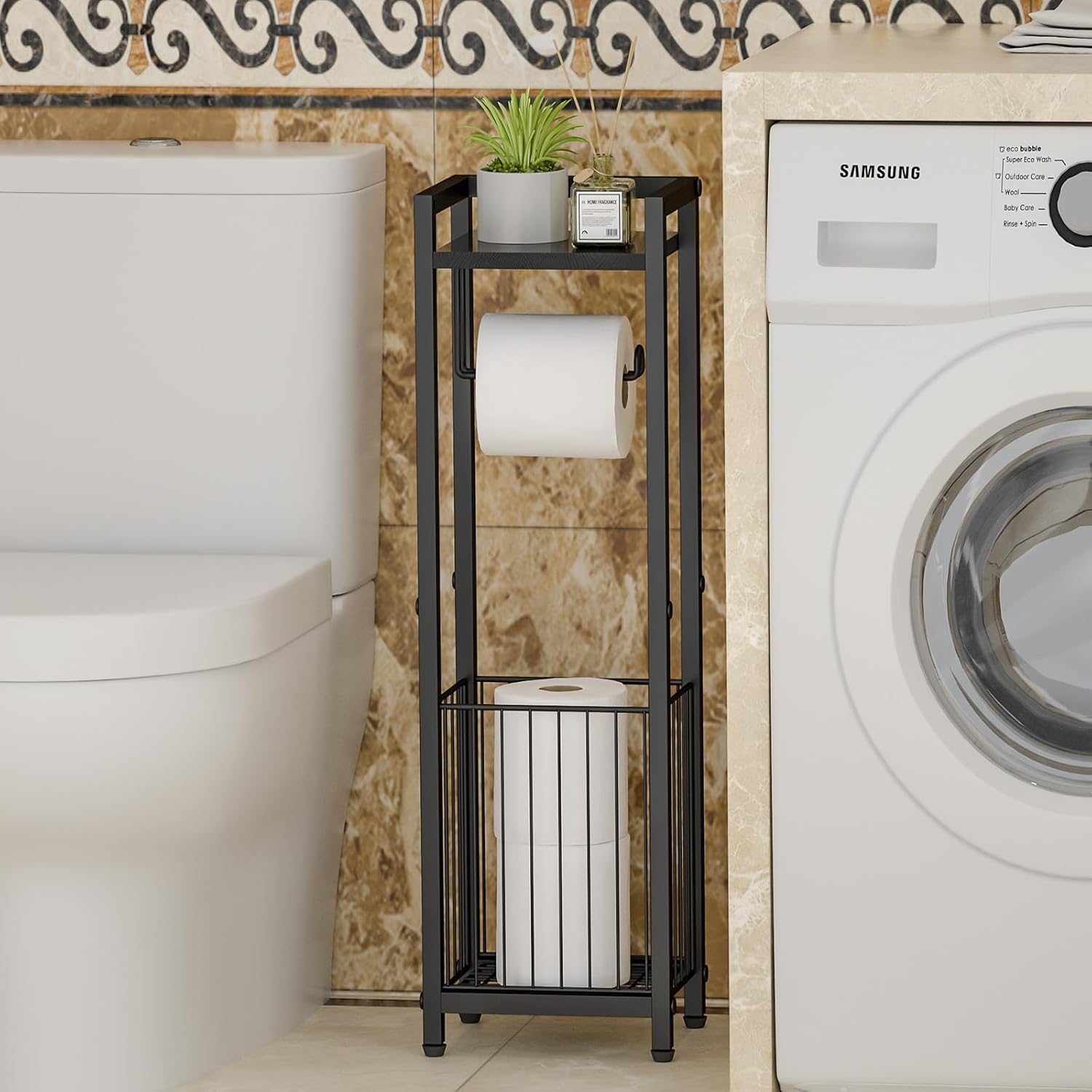 Narrow Side Toilet Paper Holder with Storage Rack - Freestanding Roll Holder for Bathroom, Small Space, Bathroom Tissue & More