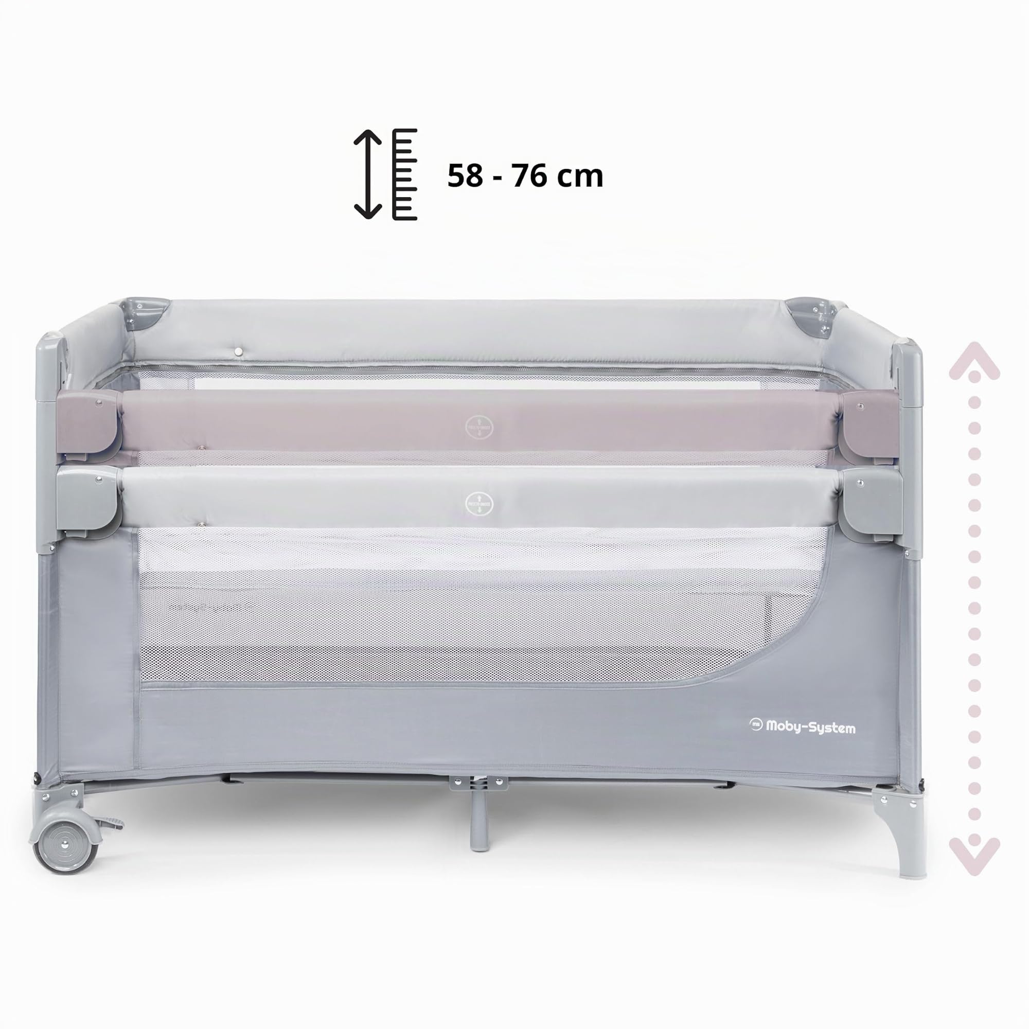 Moby-System Closely 3in1 Beistellbett Baby - Reisebett Baby mit Wickelauflage, Matratze, Transporttasche - Höhenverstellbares Beistellbett, Laufstall (6 Teile)