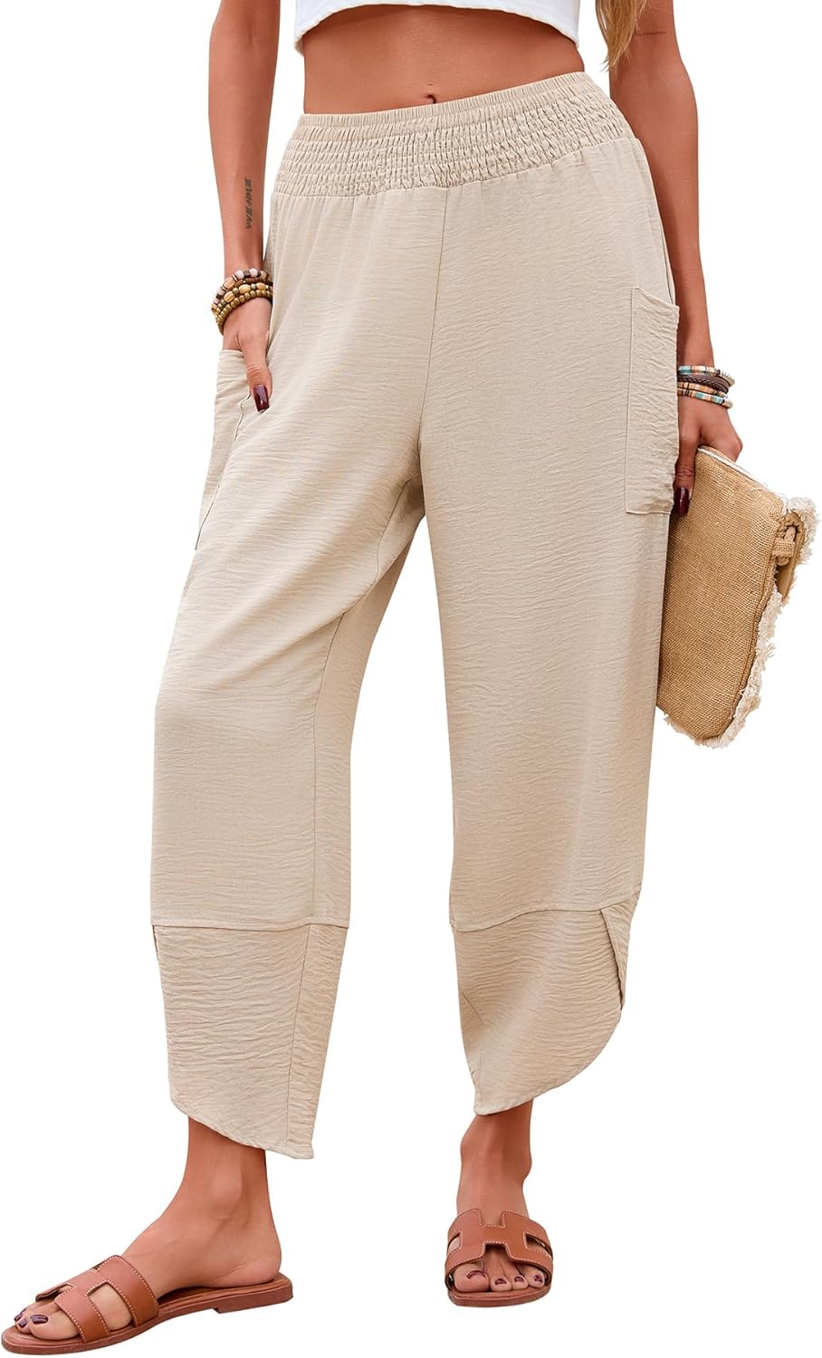 Newchoice Womens Palazzo Capri Pants Casual Smocked Waist Cropped Baggy Wide Leg Harem Pants with Pockets Vacation Outfits