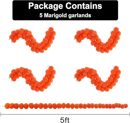 Miniatura 5 de Guirnalda de caléndula para decoración, paquete de 5 guirnaldas de flores artificiales de caléndula para Dia de Muertos Diwali, Pooja, Mehndi,