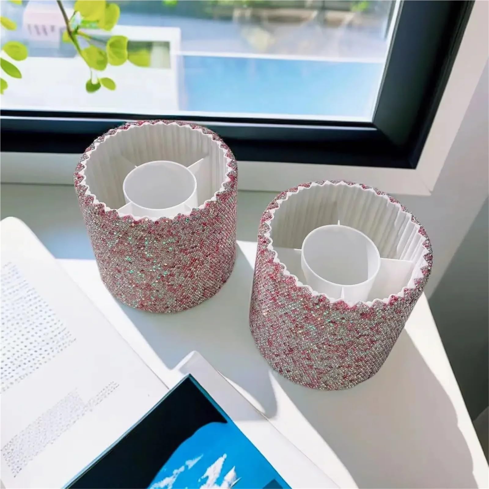 Cubo de Almacenamiento brochas Maquillaje con Diamantes, Caja organizadora lápices Cejas 5 Rejillas, Estante Escritorio imitación Brillante(Pink)