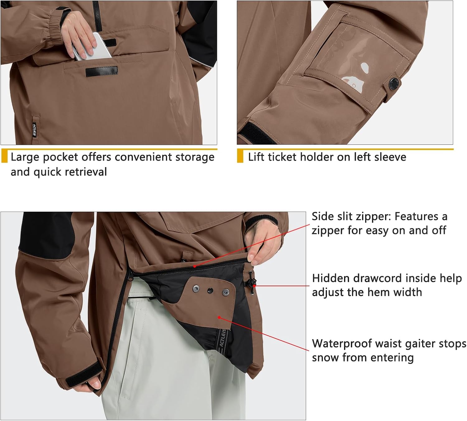 Actleis Mens Pullover Snowboard Jacket Waterproof Hooded Insulated Ski Jacket Warm Winter Snow Coat - Image 4