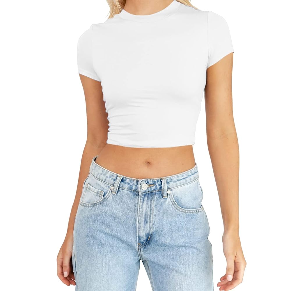 2 pezzi estivi da donna, a maniche corte, graziose, crop top casual, basic  girocollo, slim fit, maglietta da cheerleader, bianco, S : Amazon.it: Moda