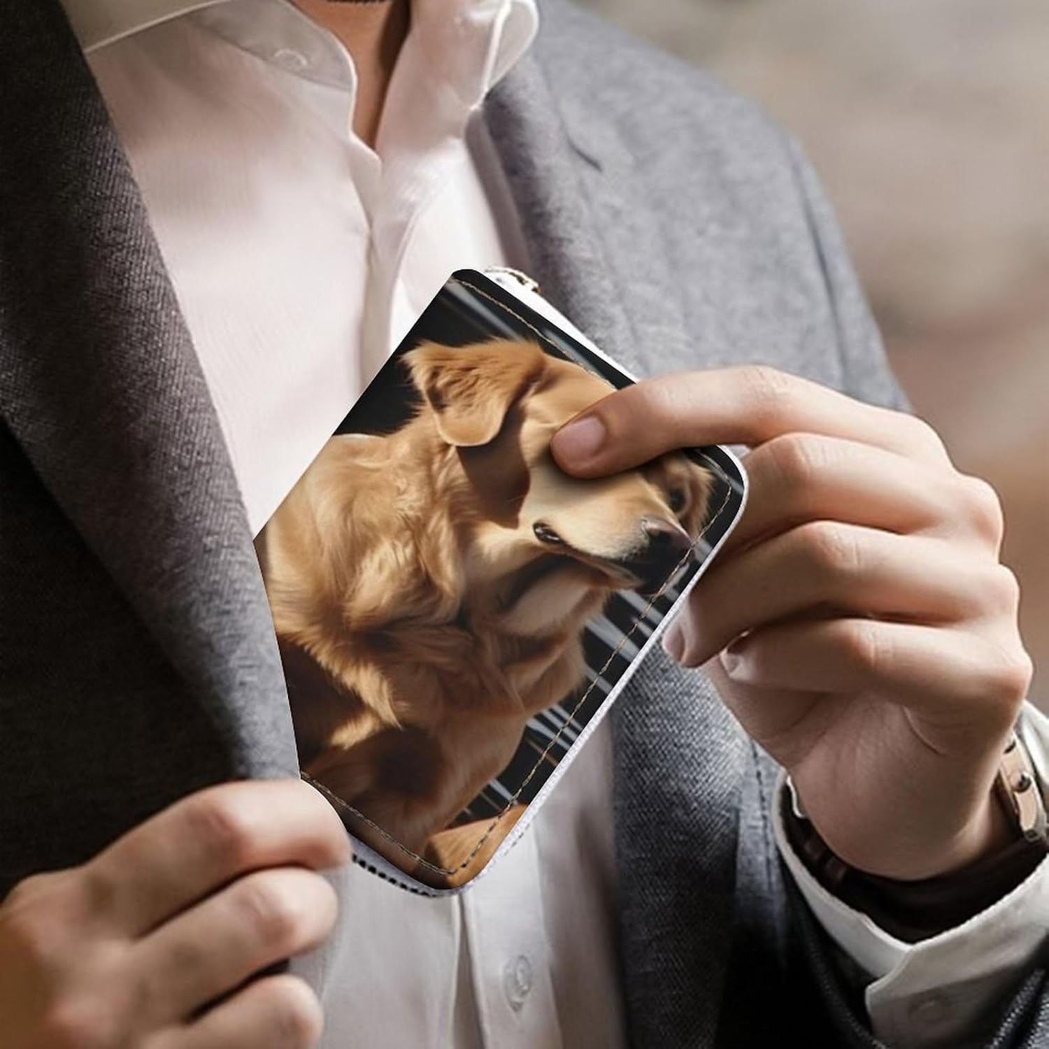 Leather Card Organizer Case Card Wallet Credit Card Holder Golden Retrievers Printed Zipper Card Cases Holder for Women Men