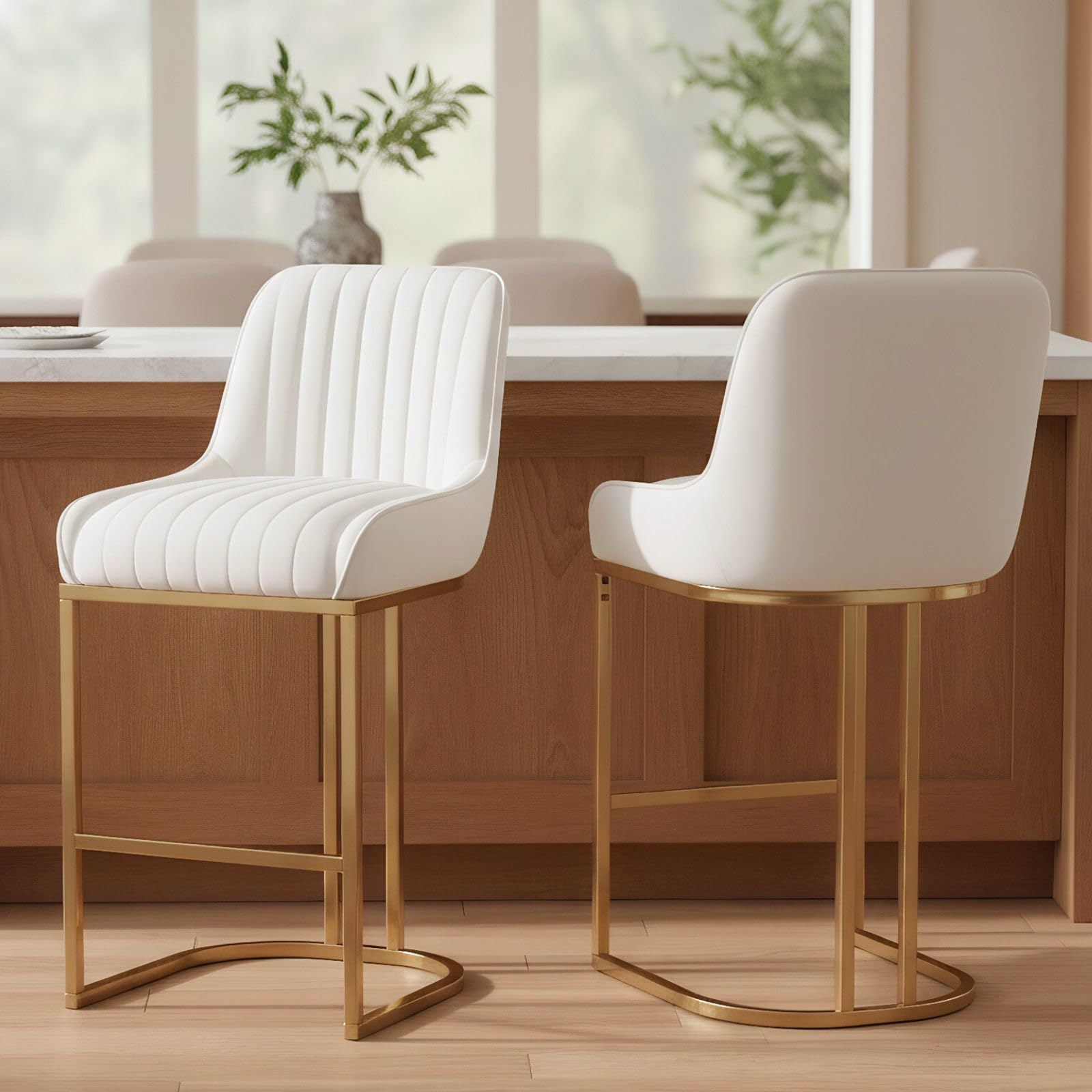 ROCITY Velvet Counter Stools with Gold Legs Beige Counter Height Bar Stools Set of 2 Modern Upholstered Kitchen Island Chairs with Back 26 Inch Bar