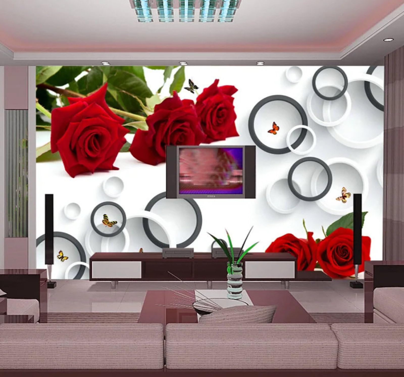 Wallpaper-3D-Xlm 250Cm×170Cm(B×H) Romantic Red Roses Circular Butterflies 3D Wallpaper Easy Install Feature Office Living Room Sofa Bedroom Tv Background Wall Decoration-250Cm×170Cm