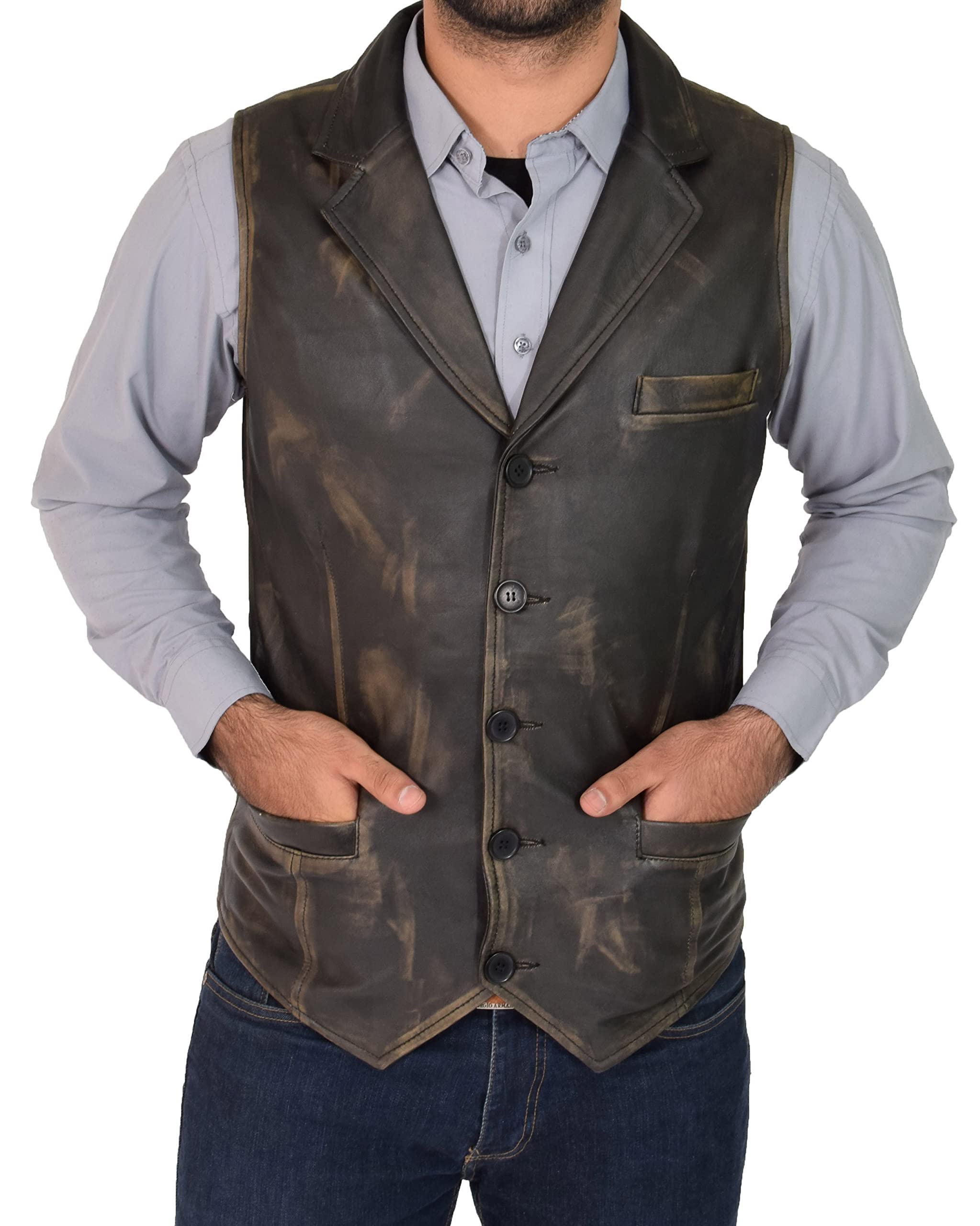 Mens Real Leather Gilet Classic Vest Button Fastening Waistcoat Calvin (3XL, Rub Off)