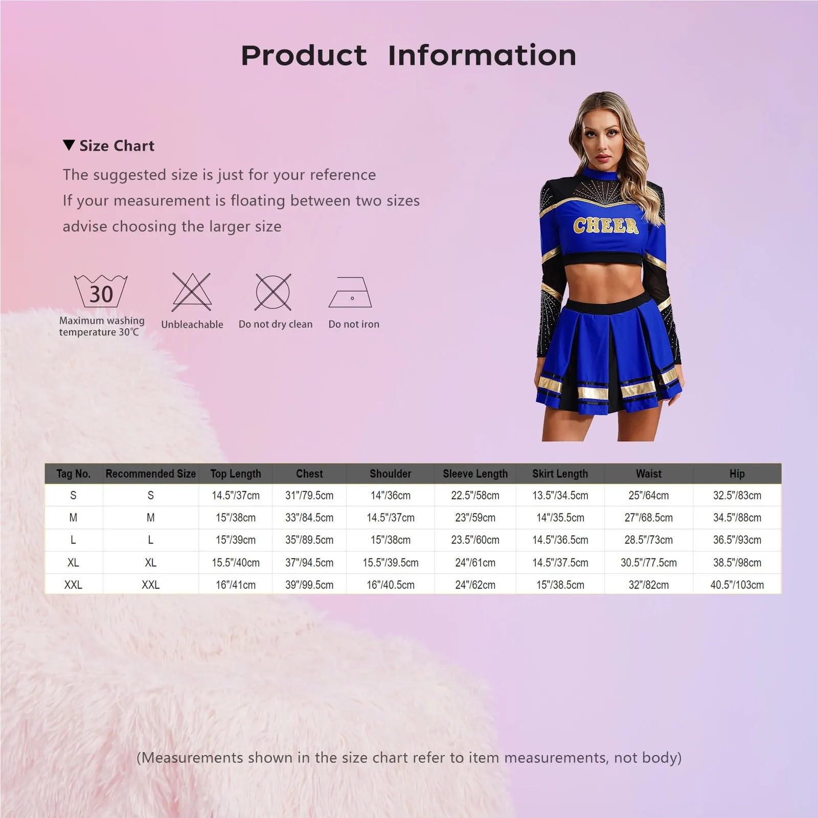 Cheerleader Kostüme 2-teiliges Cheerleading-Kostüm for Damen, Cheerleader-Tanz-Outfits, langärmelig, Pailletten, Bauchfreies Top mit Faltenrock, Set, Cheer-Uniform