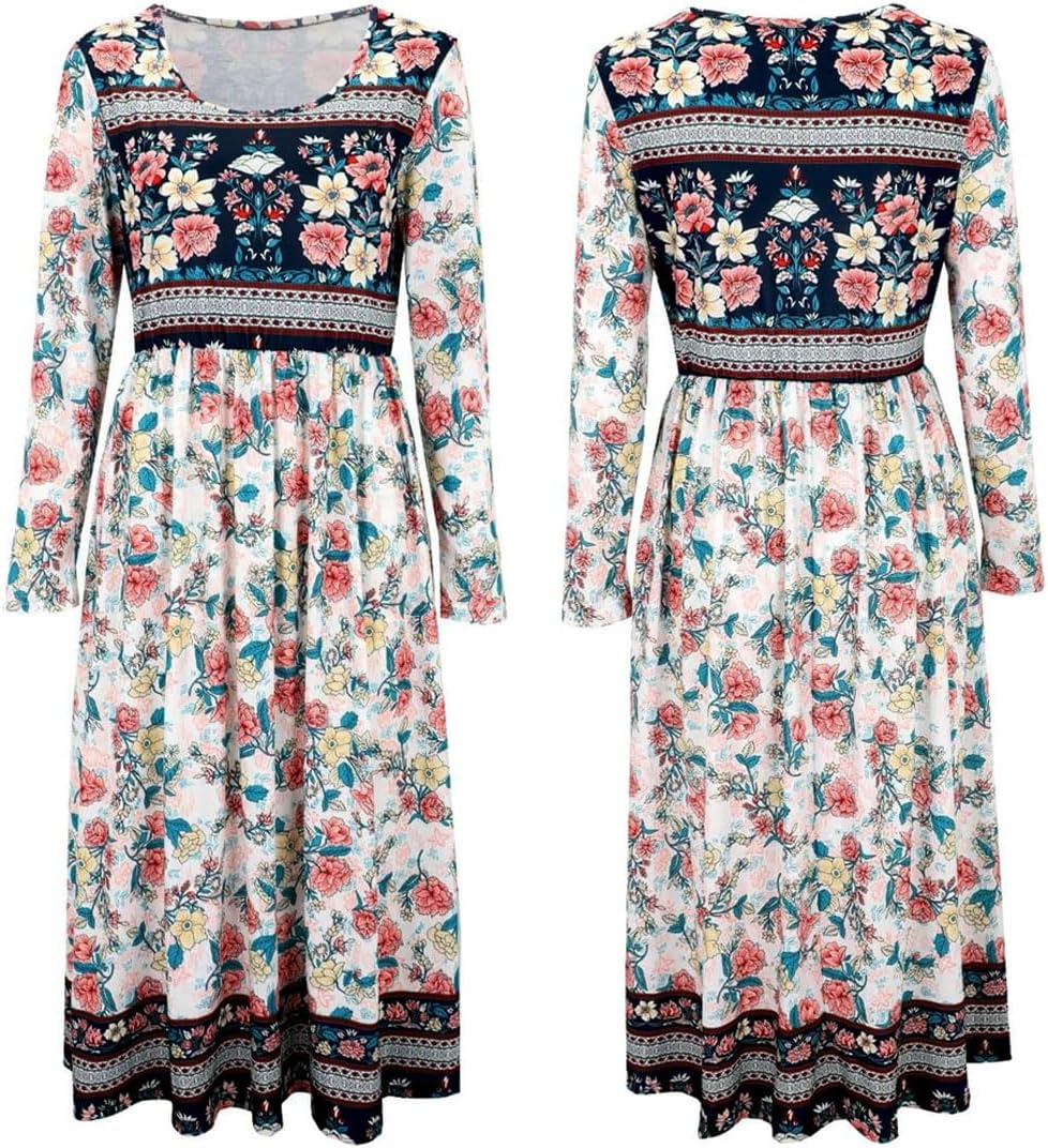ABINGOO Damen Kurzarm Rundhals Sommerkleid Boho Blumendruck A-Linie Kleid Lose Midikleid Freizeitkleid Strandkleider mit Taschen - Image 6
