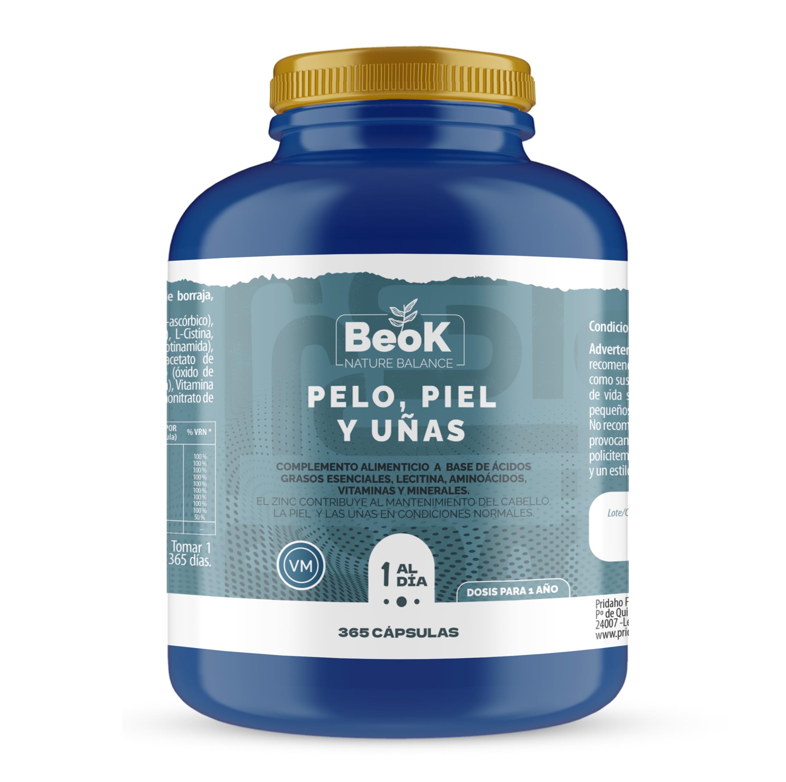 BEOK Pelo, Piel y Uñas 365 Cápsulas – Suplemento Alimenticio con Omega 3-6, L-Cistina, Biotina, Hierro, Zinc y Vitaminas C, E y Complejo B – Suministro para 1 Año
