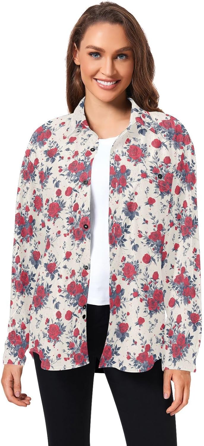 Seamless Floral Pattern Red Roses Adults Unisex Cotton Rugby Shirts Outdoor Long Sleeve Business Work Tops