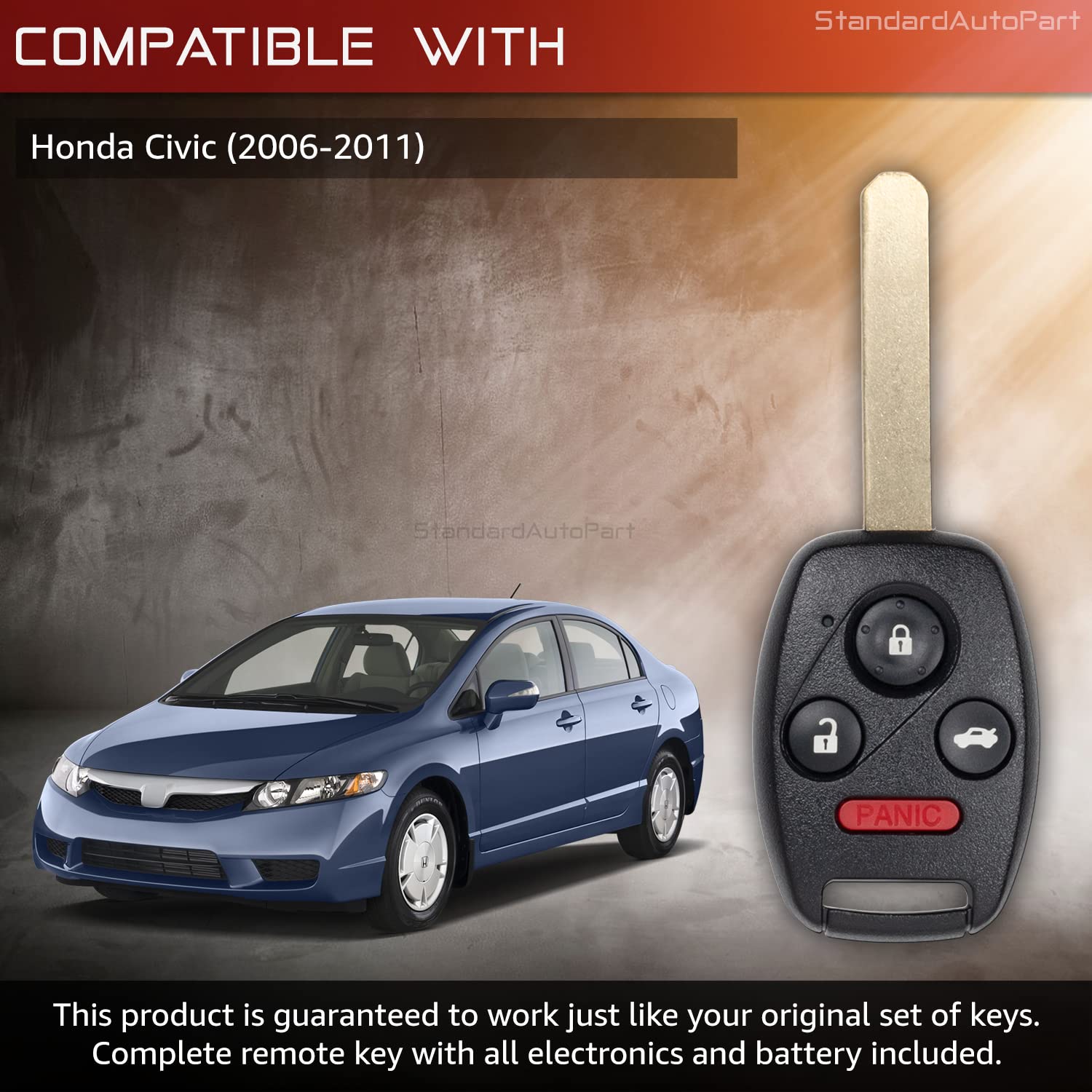 StandardAutoPart Chiave di ricambio per telecomando auto Civic 2006 2007 2008 2009 2010 2011, 4 pulsanti fob N5F-S0084A