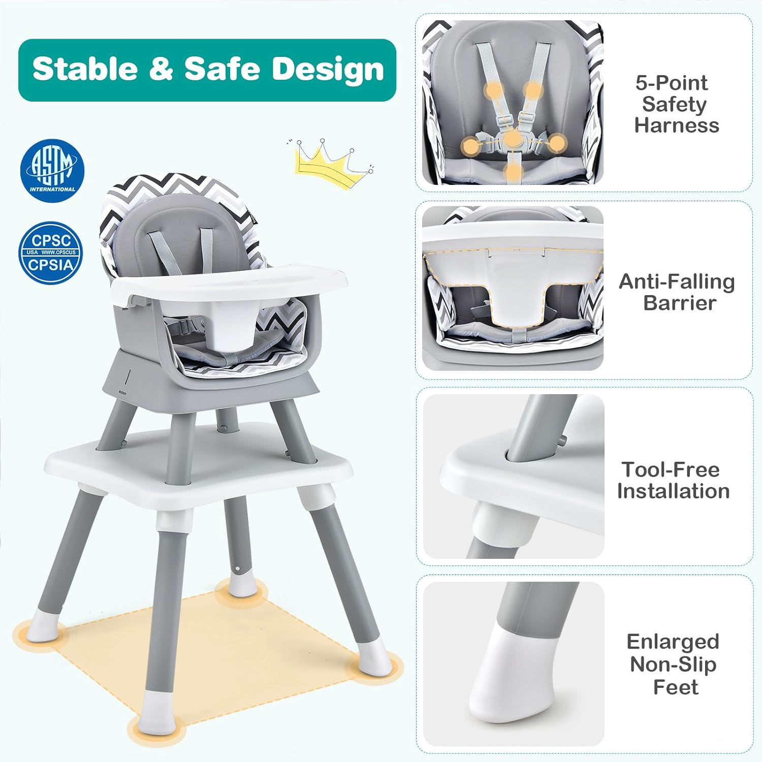 KOTEK Baby High Chair, 8 in 1 Convertible Highchairs for Babies and Toddlers, Building Block Table, Booster Seat, Toddler Chair with Removable Tray, Safety Harness, Dual Cushions (Chevron)