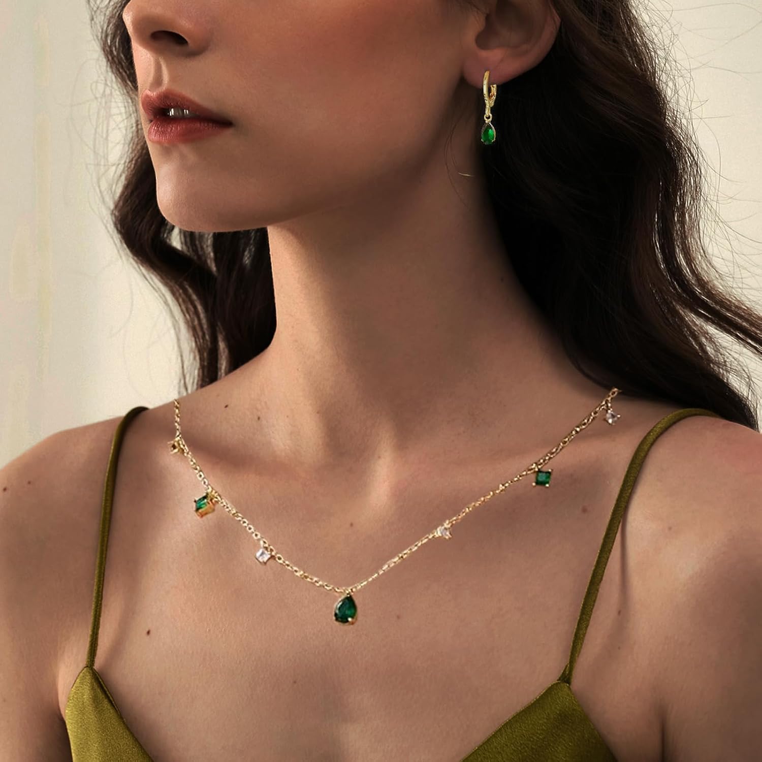 CZ Tearsdrop Necklace Earrings Jewelry Set 18K Gold Plated Diamond Cubic Zirconia Choker Pendant Necklace Red Emerald Green Black stone Necklace Earring for Party Prom Gothic Jewelry Gift - Image 3