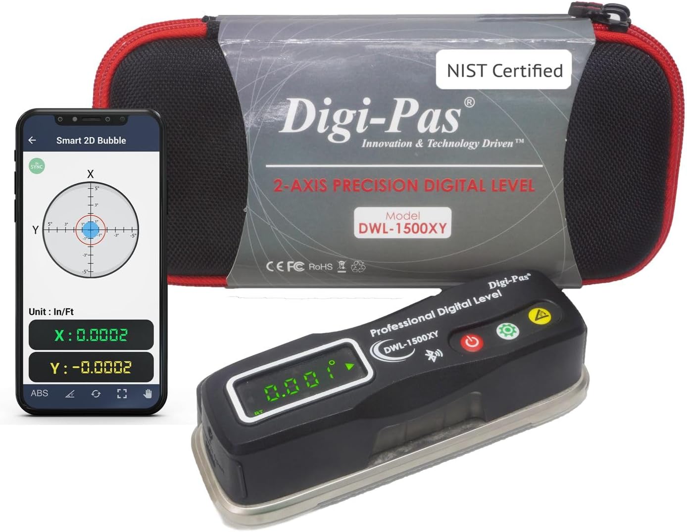 Digi-Pas 2-Axis Smart Master Precision Level DWL1500XY Bluetooth, 0.0002"/ft (0.02 mm/M), Black