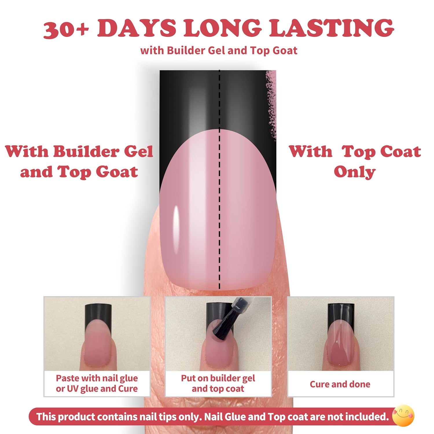 Black French Tip Medium Straight Square Nail Tips Press on, BERRY PINK Extra Thick Soft Gel Nail Extension, Full Cover False Nails, NEED Builder Glue Gel & Top Coat, for DIY x 15 Sizes 180 pcs